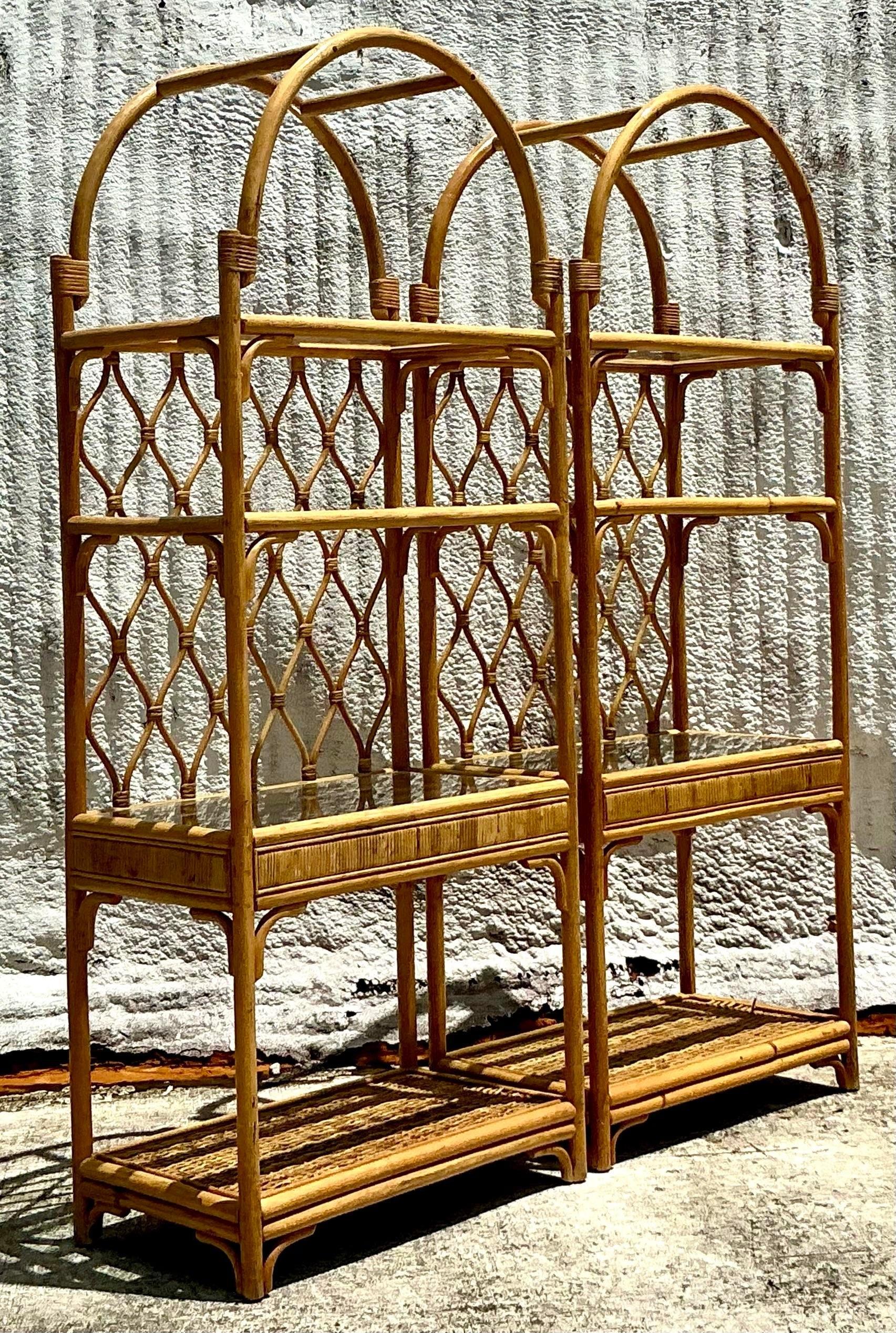 Vintage Coastal Arched Rattan Etagere - a Pair 1