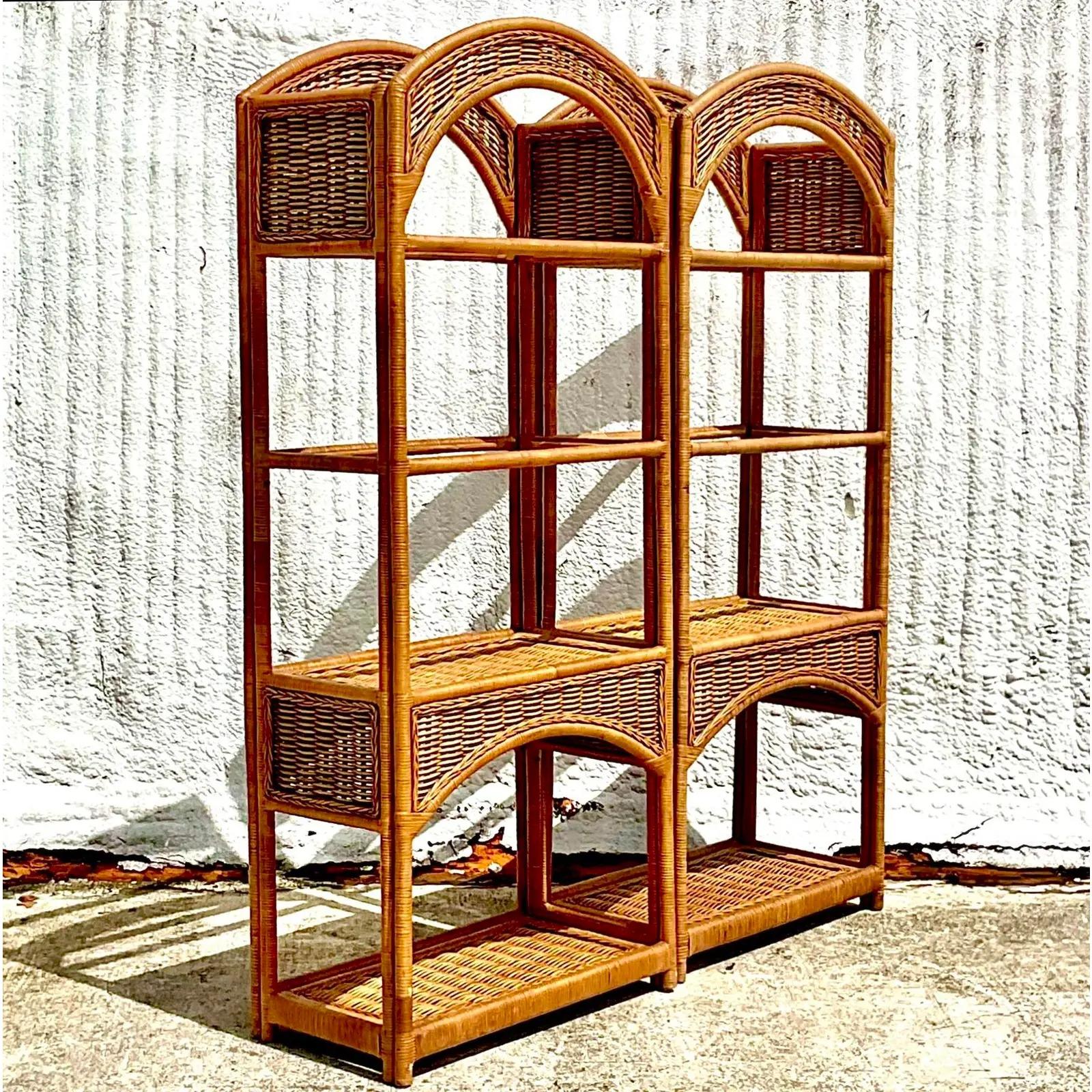 Vintage Coastal Arched Rattan Etagere, a Pair In Good Condition In west palm beach, FL