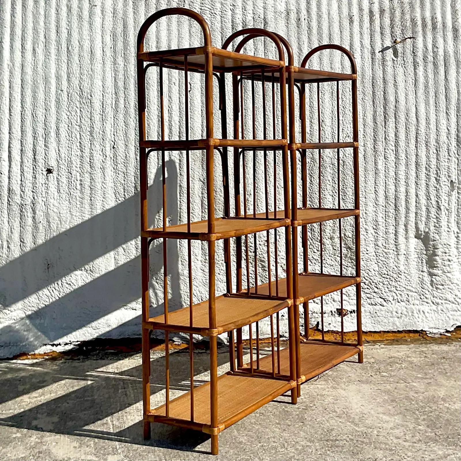 Vintage Coastal Arched Rattan Etagere - a Pair In Good Condition In west palm beach, FL