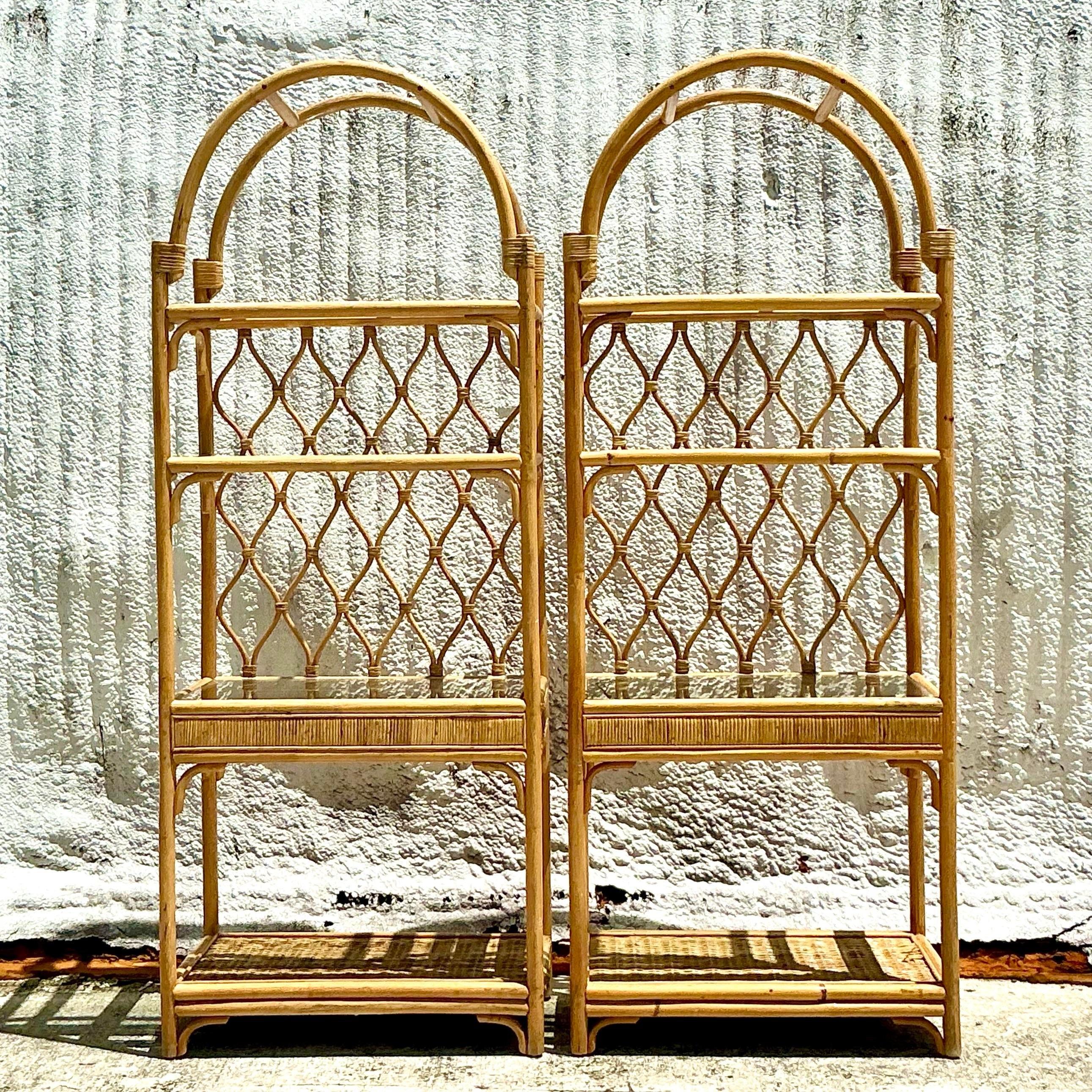 Vintage Coastal Arched Rattan Etagere - a Pair 2