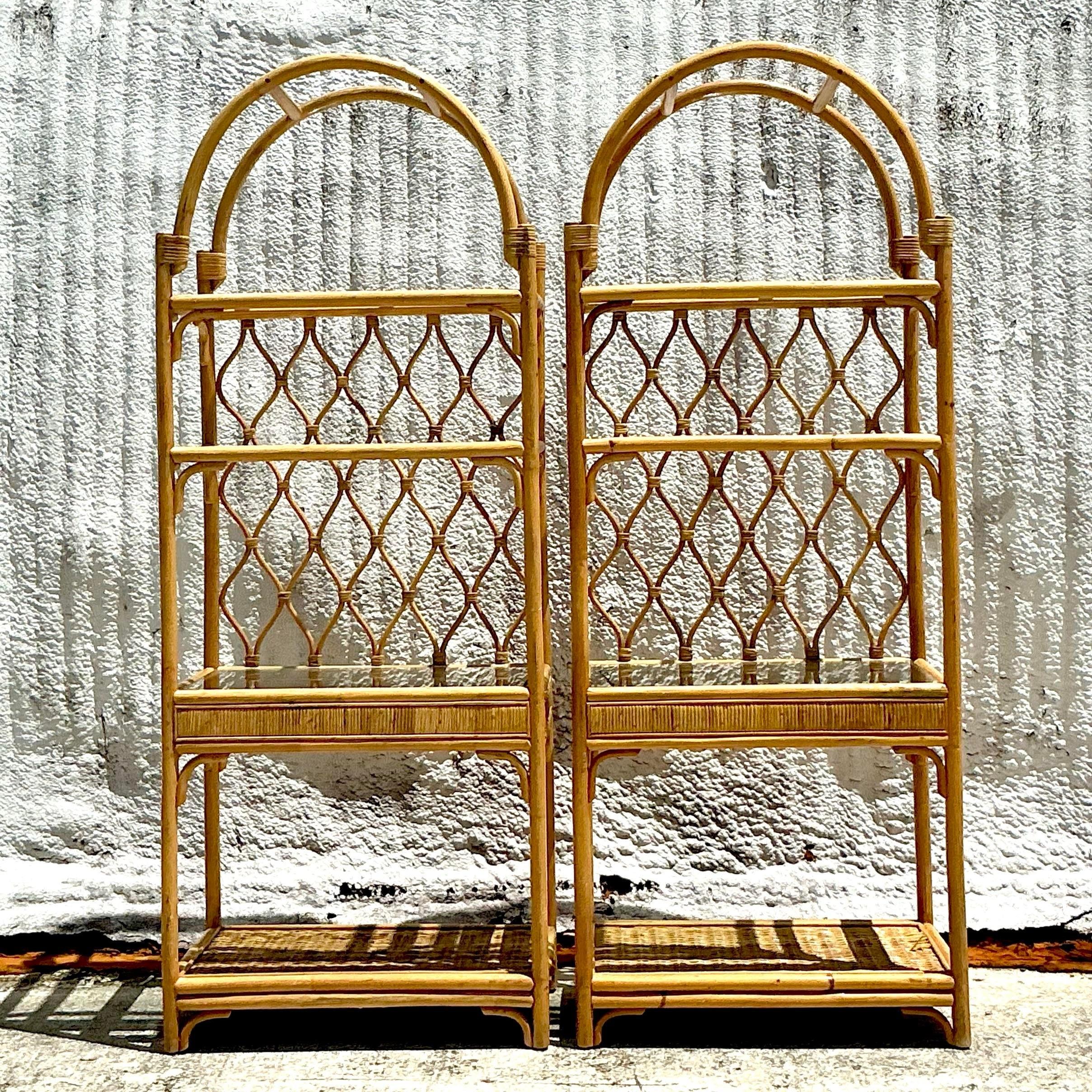 Vintage Coastal Arched Rattan Etagere - a Pair 3