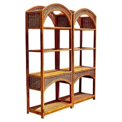 Vintage Coastal Arched Rattan Etagere, a Pair