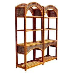 Retro Coastal Arched Rattan Etagere, a Pair