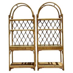 Vintage Coastal Arched Rattan Etagere - a Pair