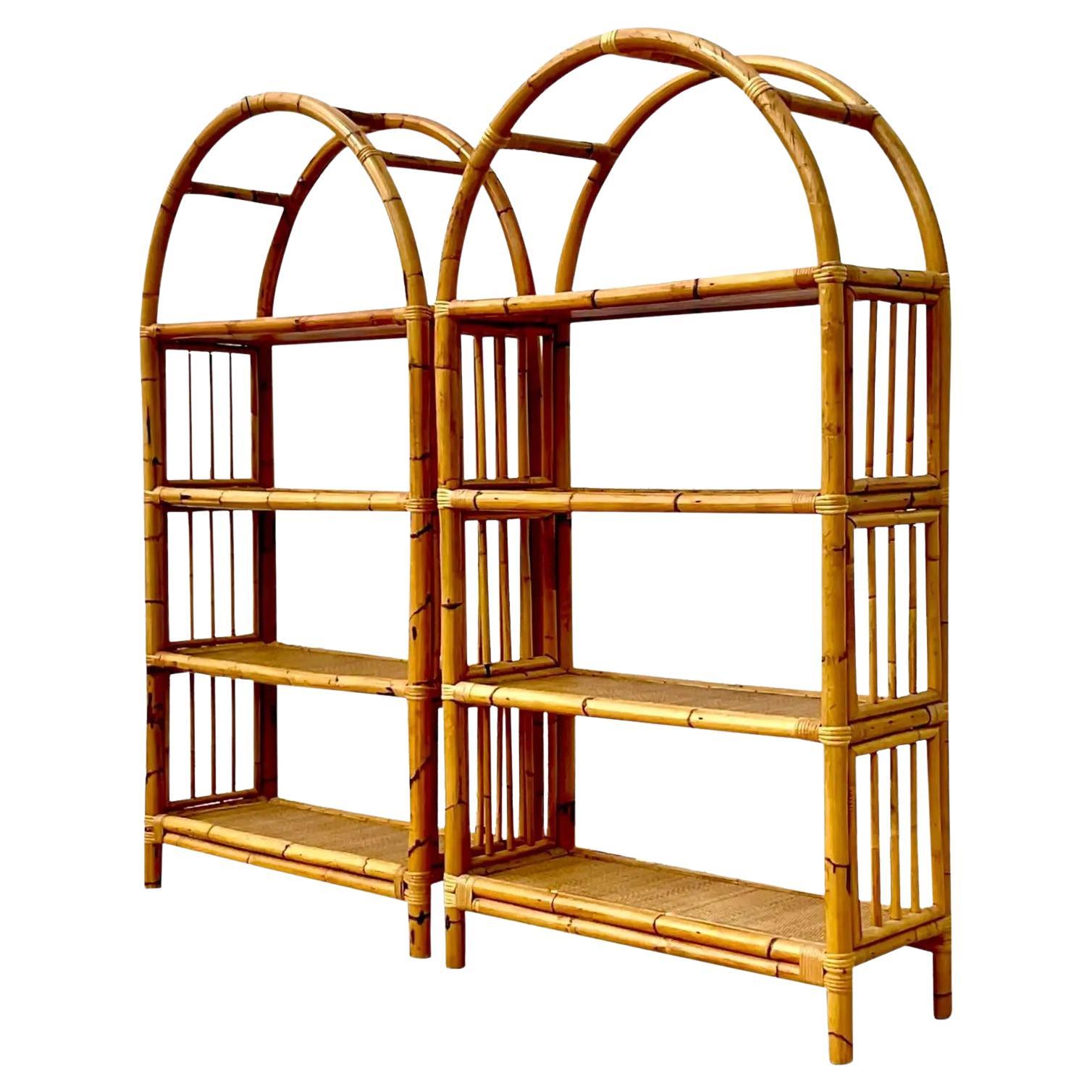 Vintage Coastal Arched Rattan Etagere After Ficks Reed, Pair