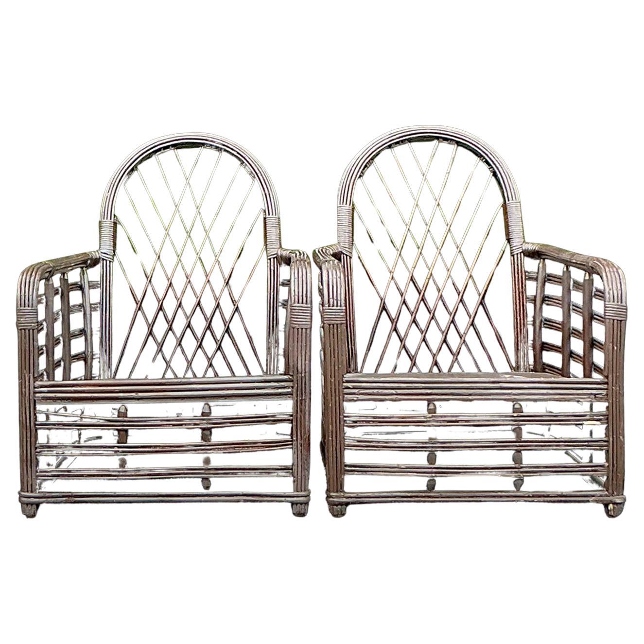 Vintage Coastal Arched Rattan Lounge Chairs - a Pair