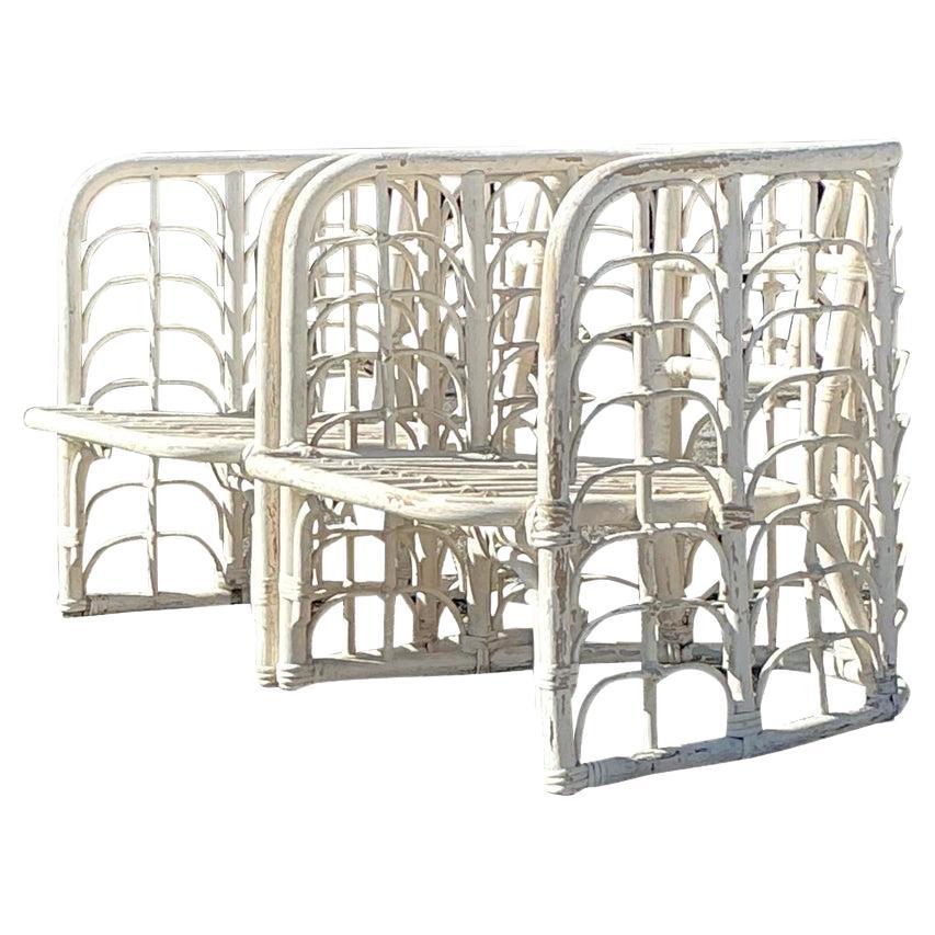 Vintage Coastal Arched Rattan Lounge Chairs - a Pair