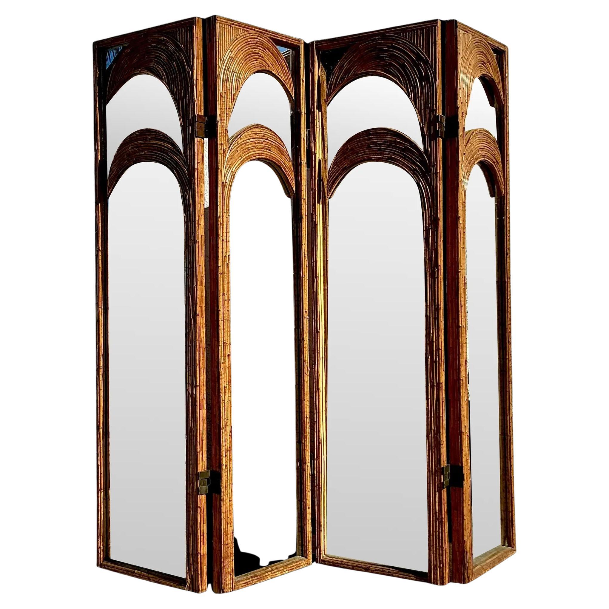 Vintage Coastal Arched Split Reed Palm Mirrored Screen