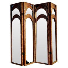 Vintage Coastal Arched Split Reed Palm Mirrored Screen