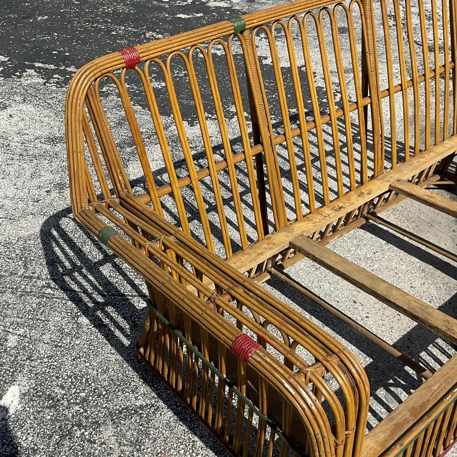 Philippine Vintage Coastal Art Deco Stick Rattan Sofa