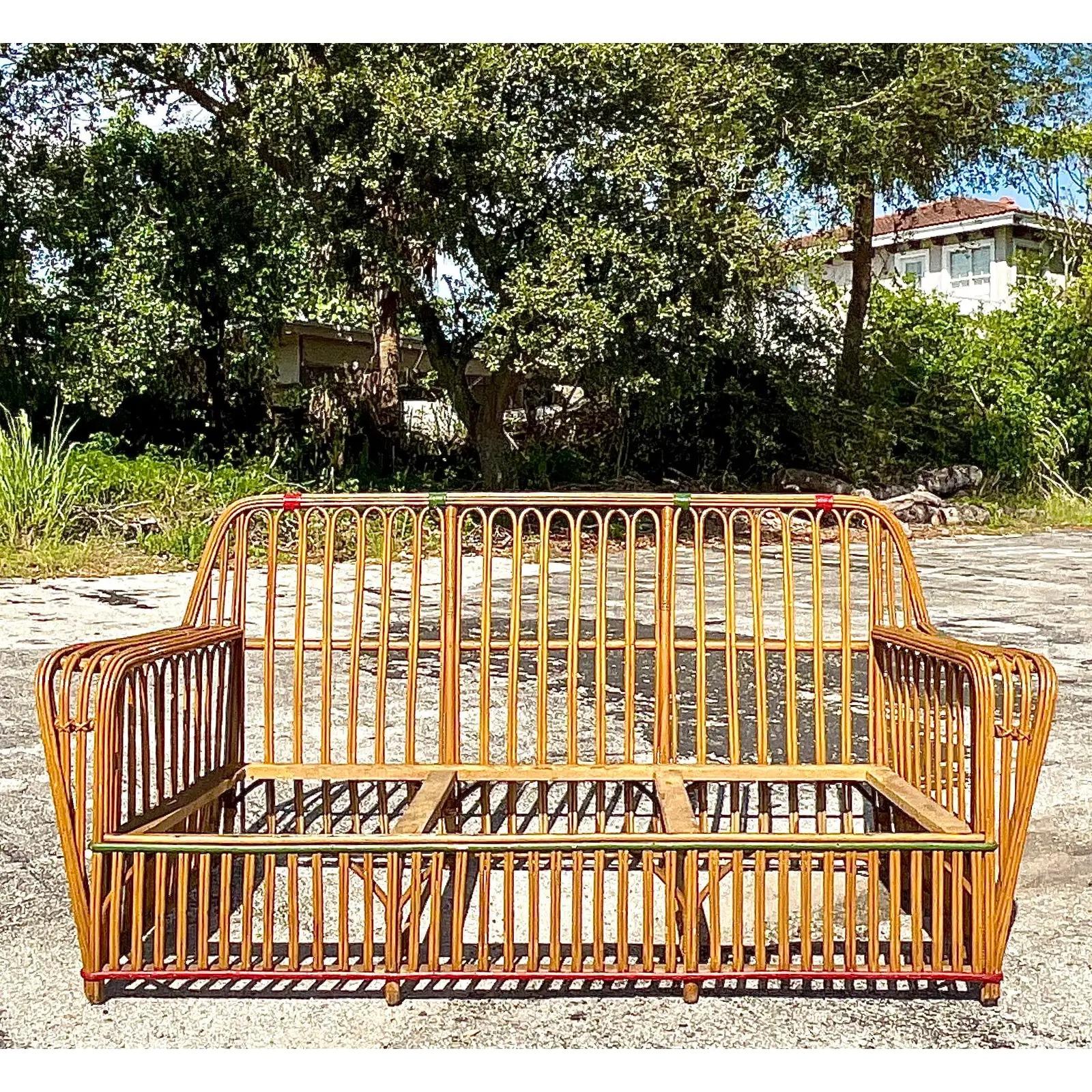 Vintage Coastal Art Deco Stick Rattan Sofa In Good Condition In west palm beach, FL