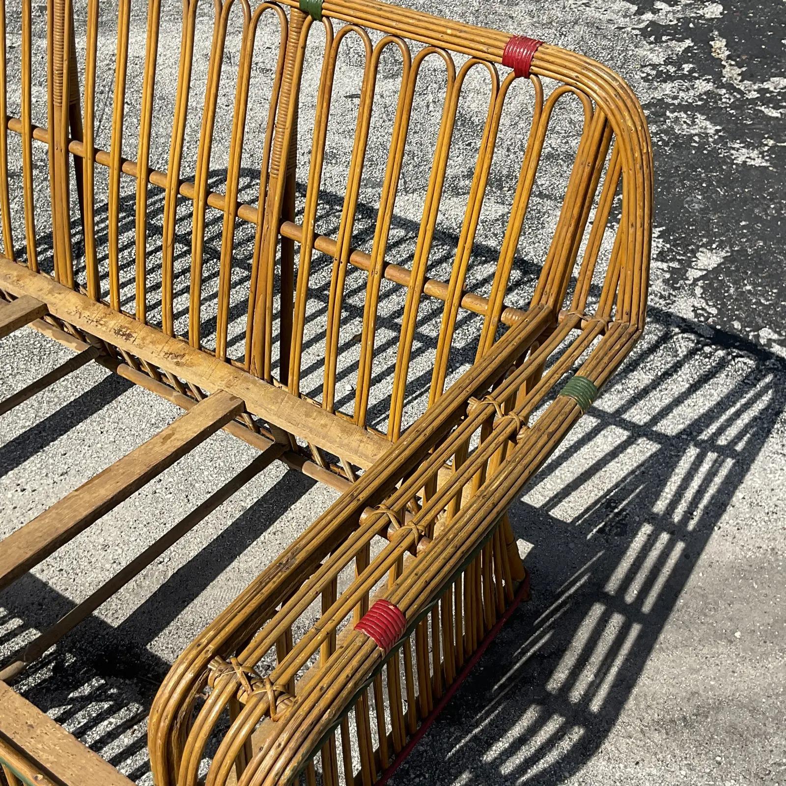 Vintage Coastal Art Deco Stick Rattan Sofa 1