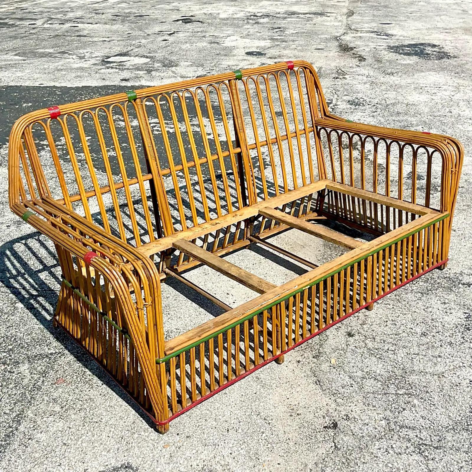 Vintage Coastal Art Deco Stick Rattan Sofa 2