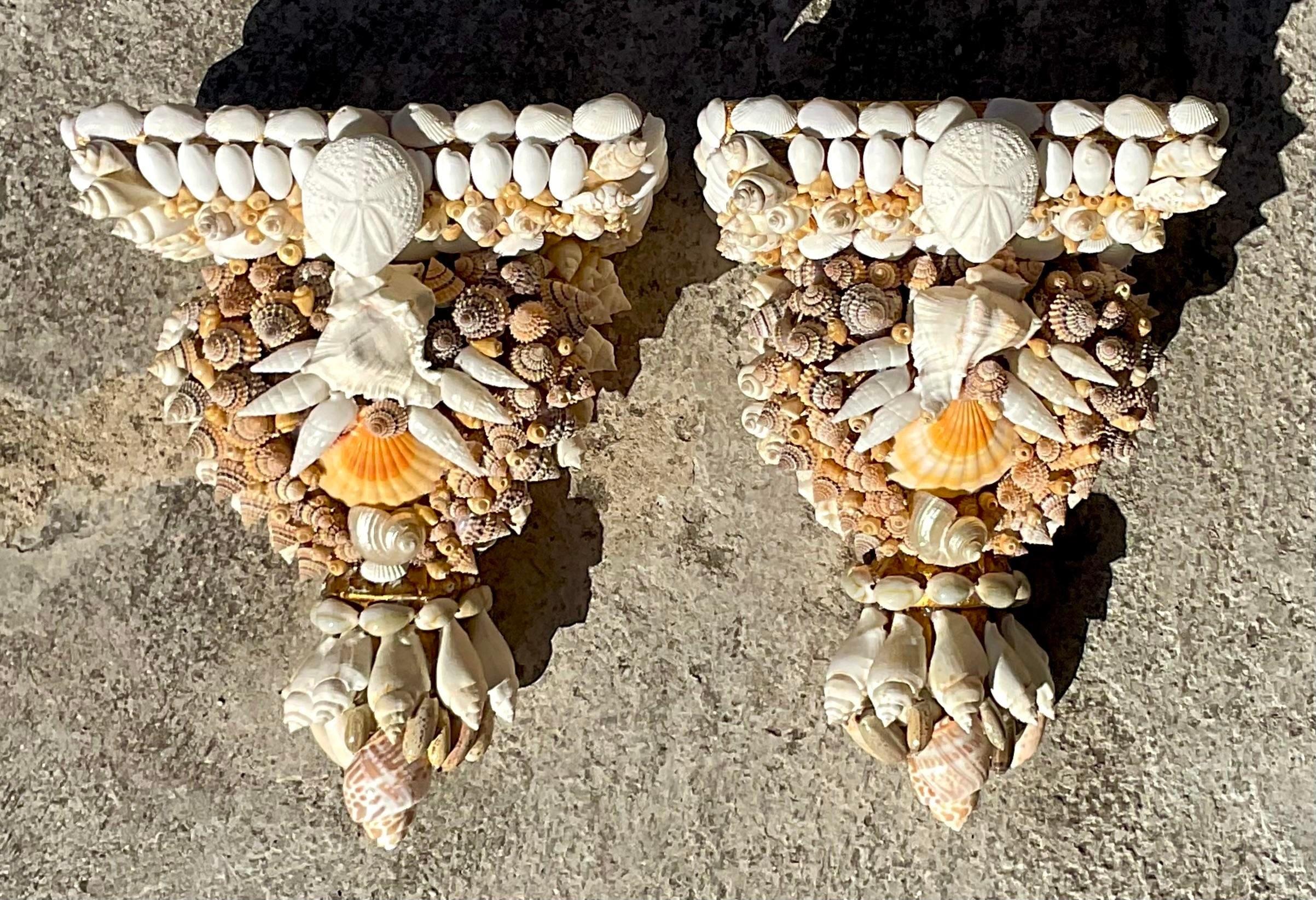 20th Century Vintage Coastal Artisan Shell Brackets - a Pair For Sale