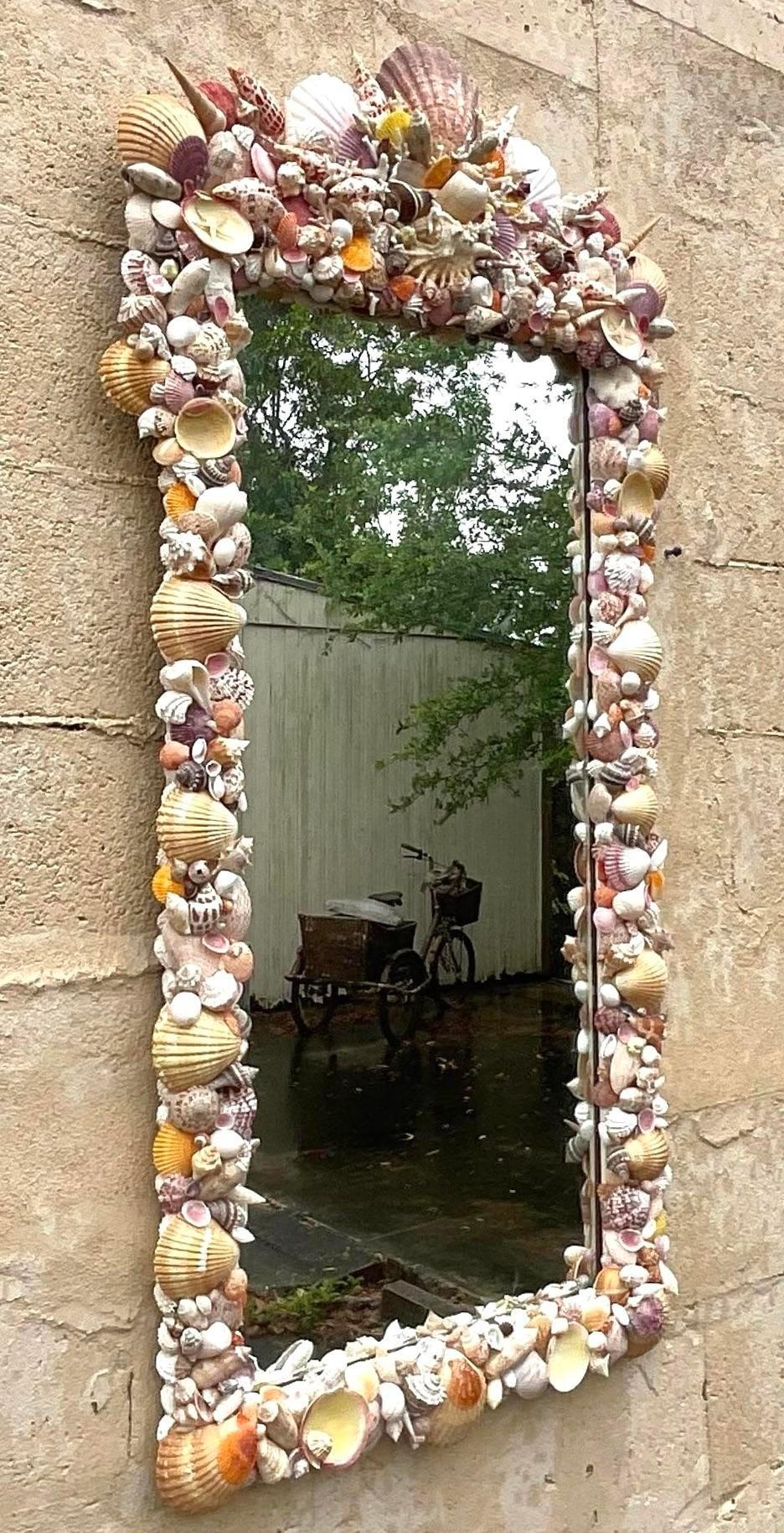 Vintage Coastal Artisan Shell Mirror In Good Condition For Sale In west palm beach, FL