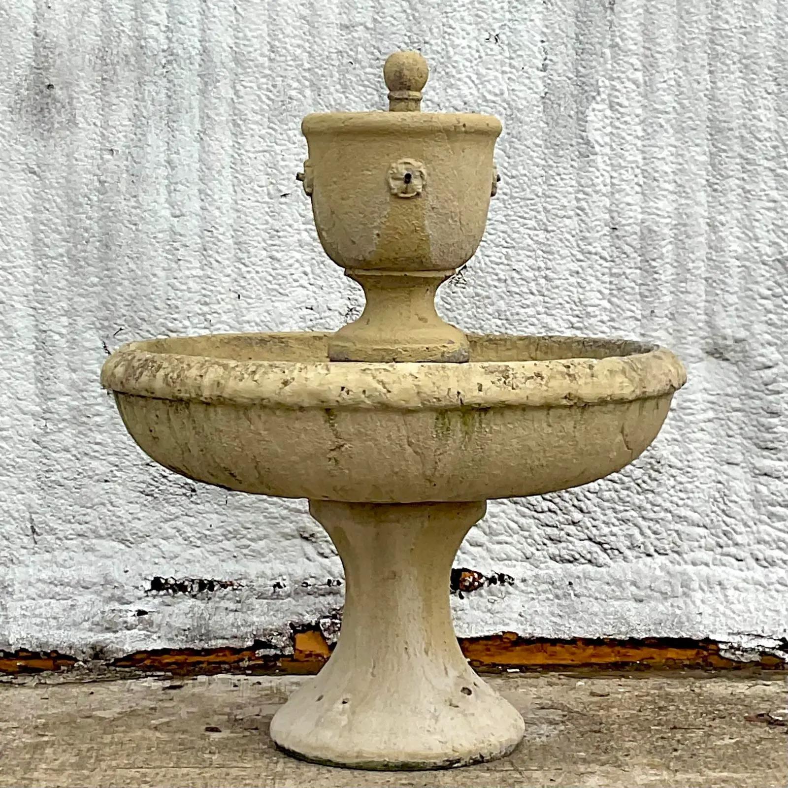 A fabulous vintage Coastal concrete water fountain. Beautiful multi layered piece just waiting for you to bring it back to its former glory. Perfect as is or update to your needs. Equally gorgeous filled with conch shells. You decide! Acquired from