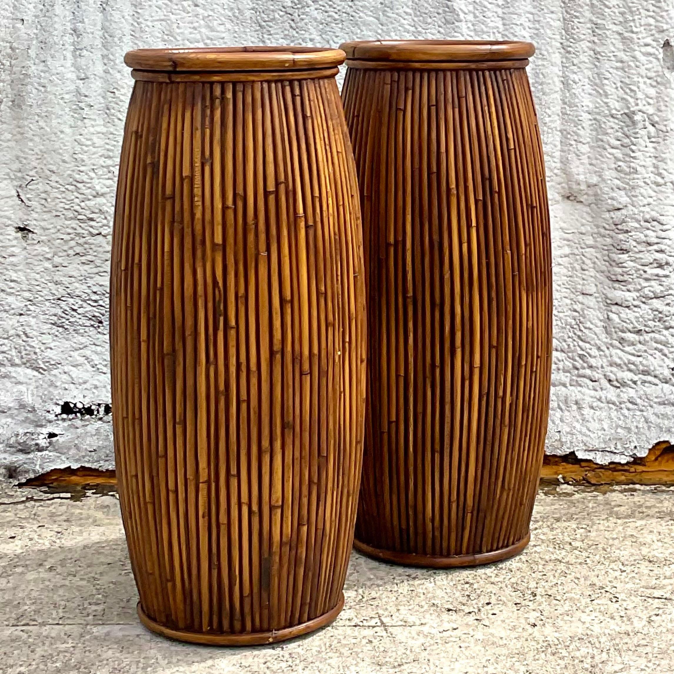 Philippine Vintage Coastal Baker Milling Road Pencil Reed Pedestals - a Pair