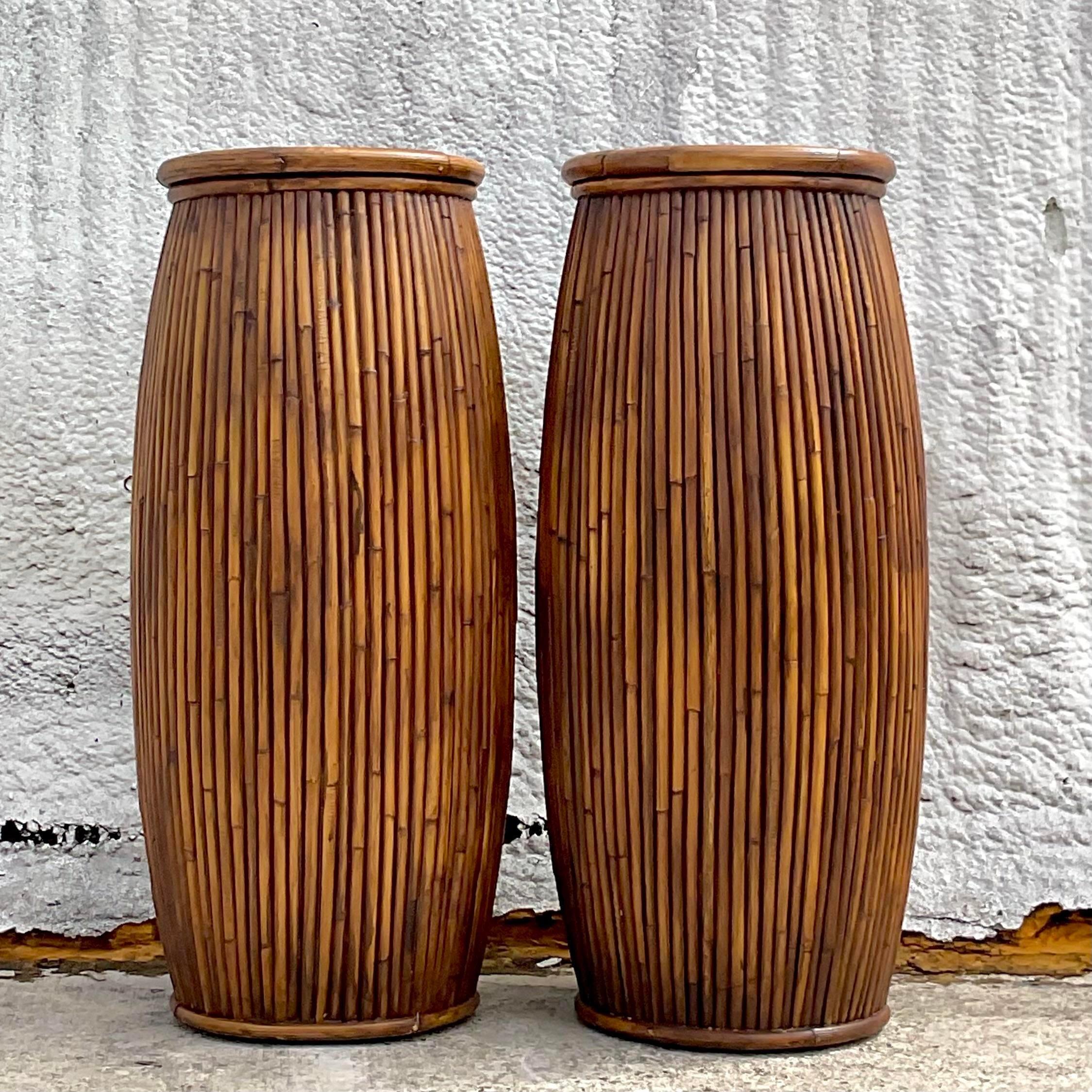 Vintage Coastal Baker Milling Road Pencil Reed Pedestals - a Pair In Good Condition In west palm beach, FL