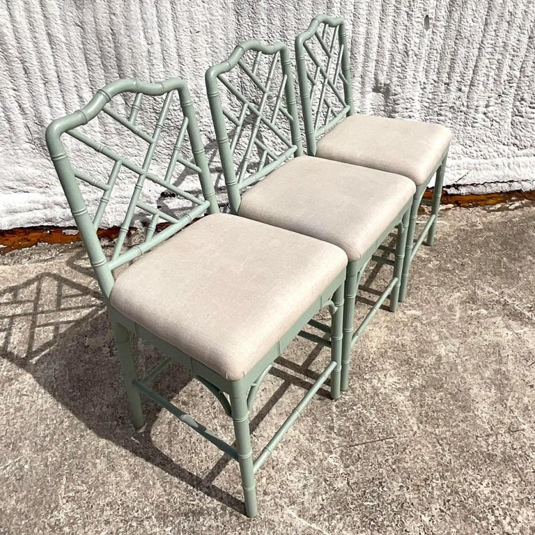 Vintage Coastal Ballard Dayna Chinese Chippendale Bar Stools Set of 3