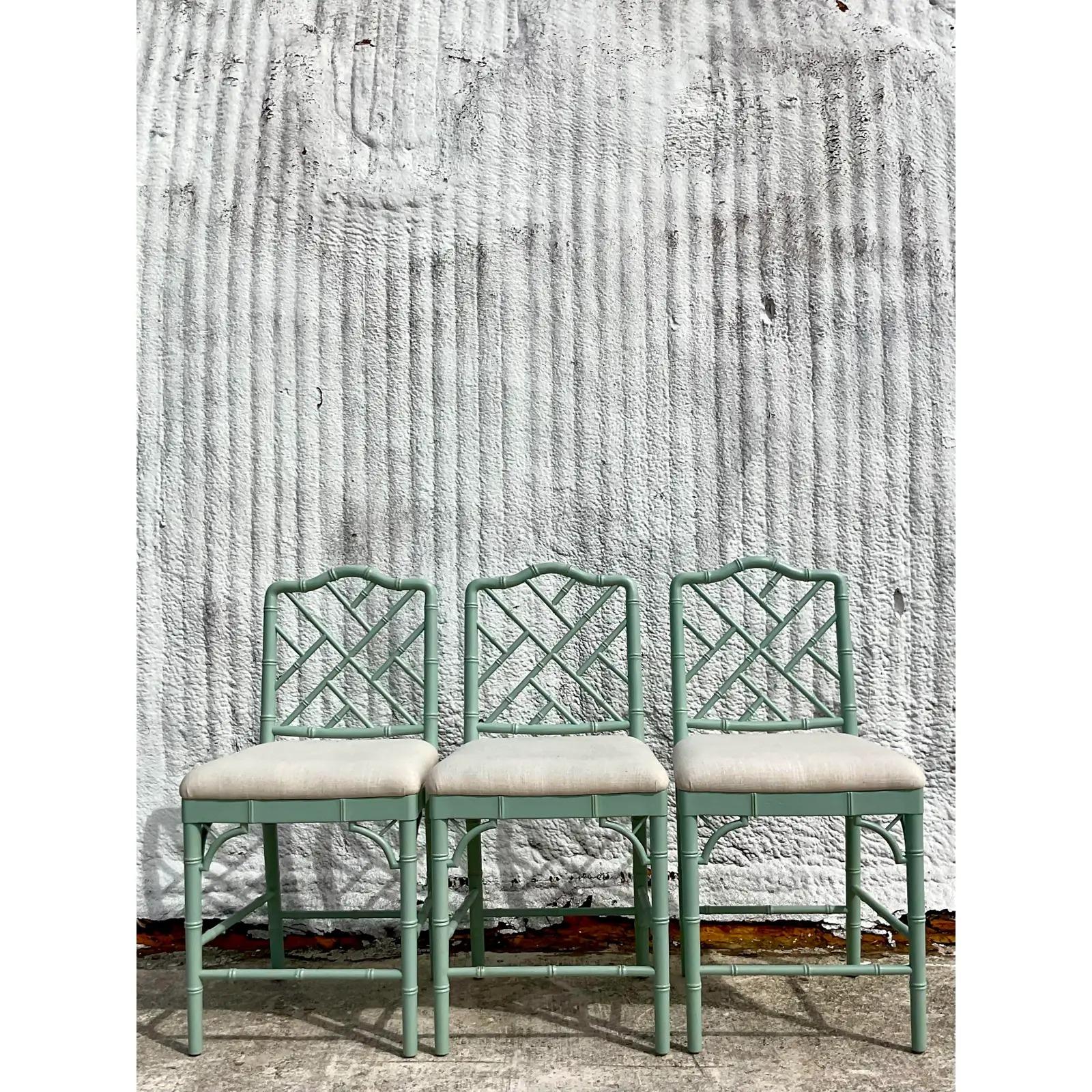 Vintage Coastal Ballard Dayna Chinese Chippendale Bar Stools - Set of 3 In Good Condition In West Palm Beach, FL