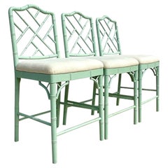 Vintage Coastal Ballard Dayna Chinese Chippendale Bar Stools - Set of 3