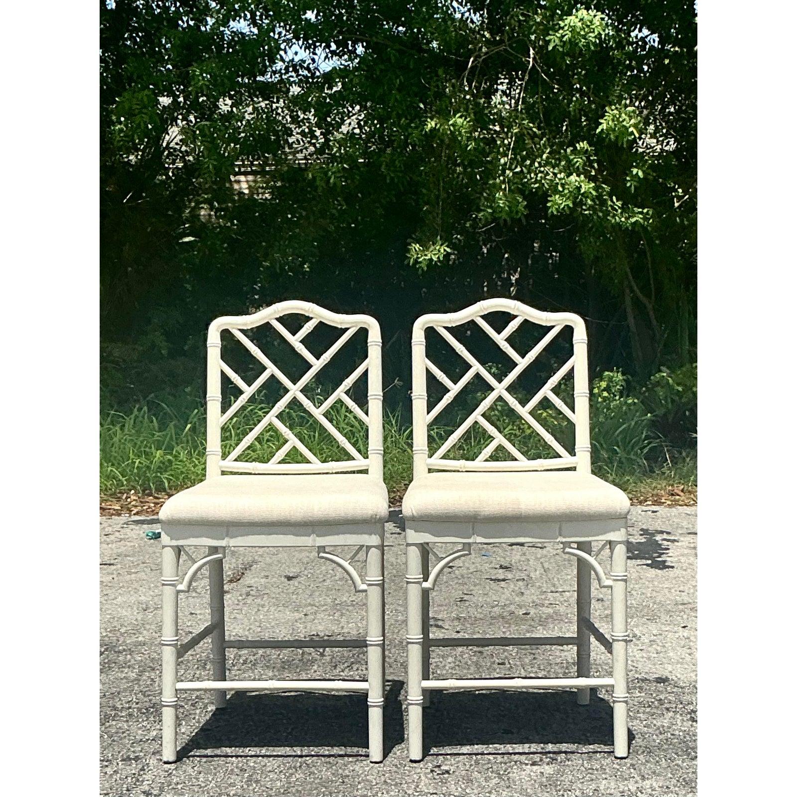 Vietnamese Vintage Coastal Ballard Designs “Dayna” Counter Stools - A Pair For Sale