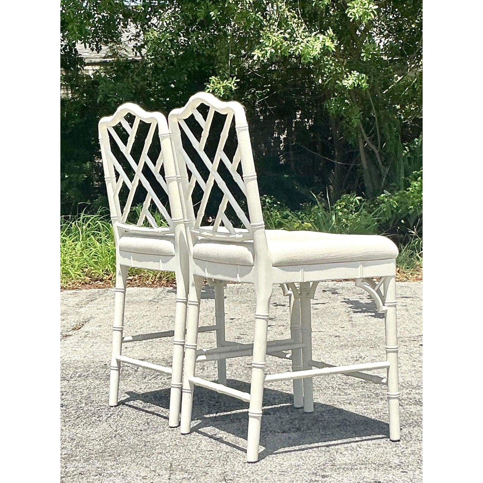 Fabric Vintage Coastal Ballard Designs “Dayna” Counter Stools - A Pair For Sale