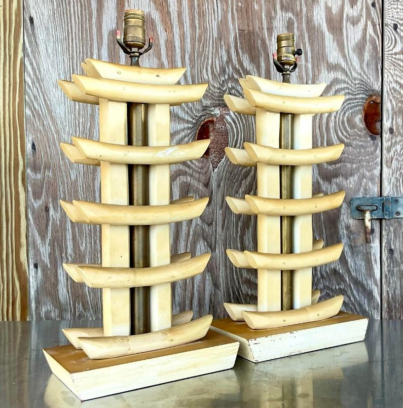 Philippine Vintage Coastal Bamboo Abstract Pagoda Lamps, a Pair For Sale
