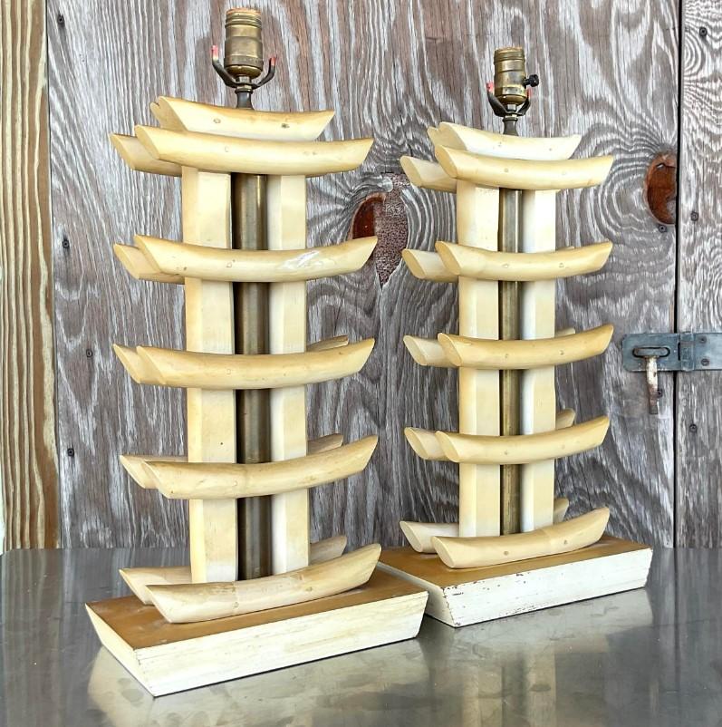 Vintage Coastal Bamboo Abstract Pagoda Lamps, a Pair In Good Condition For Sale In west palm beach, FL