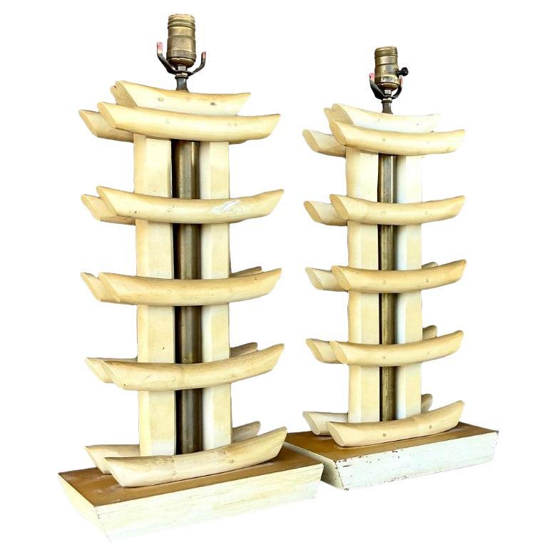 Vintage Coastal Bamboo Abstract Pagoda Lamps, a Pair For Sale