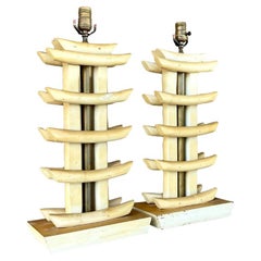 Retro Coastal Bamboo Abstract Pagoda Lamps, a Pair
