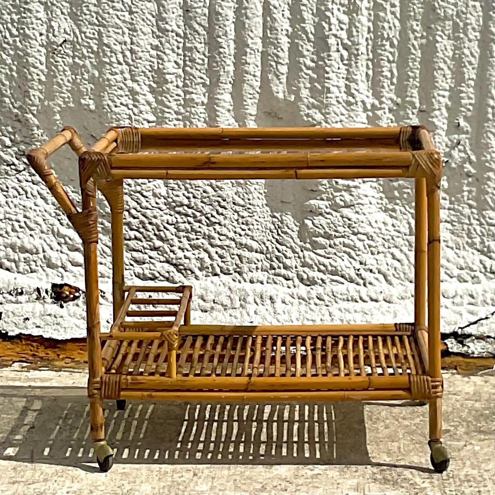 Vintage Coastal Bamboo Bar Cart In Good Condition In west palm beach, FL