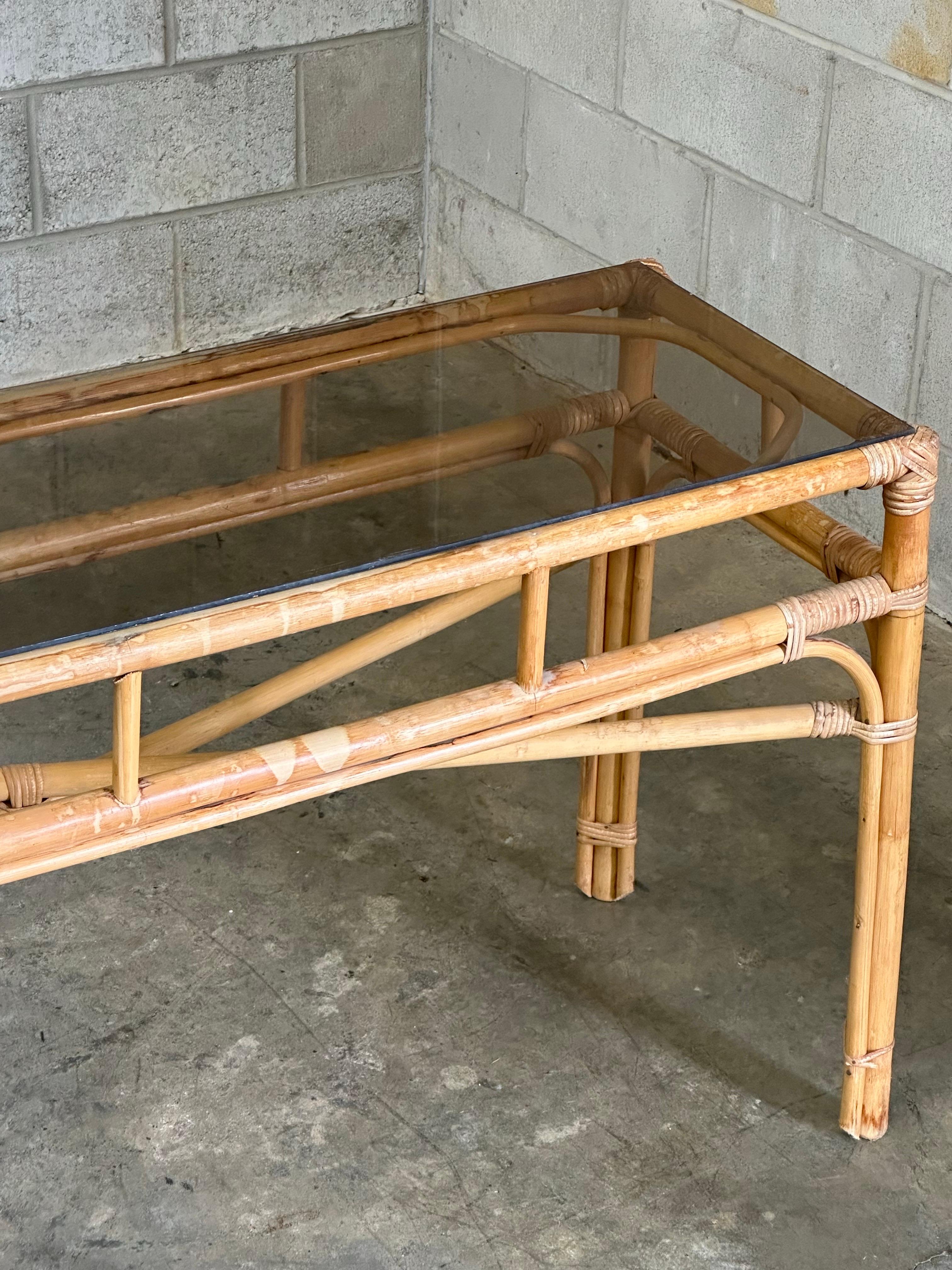 Vintage Coastal Bamboo, Cane, and Glass Top Console Table For Sale 4