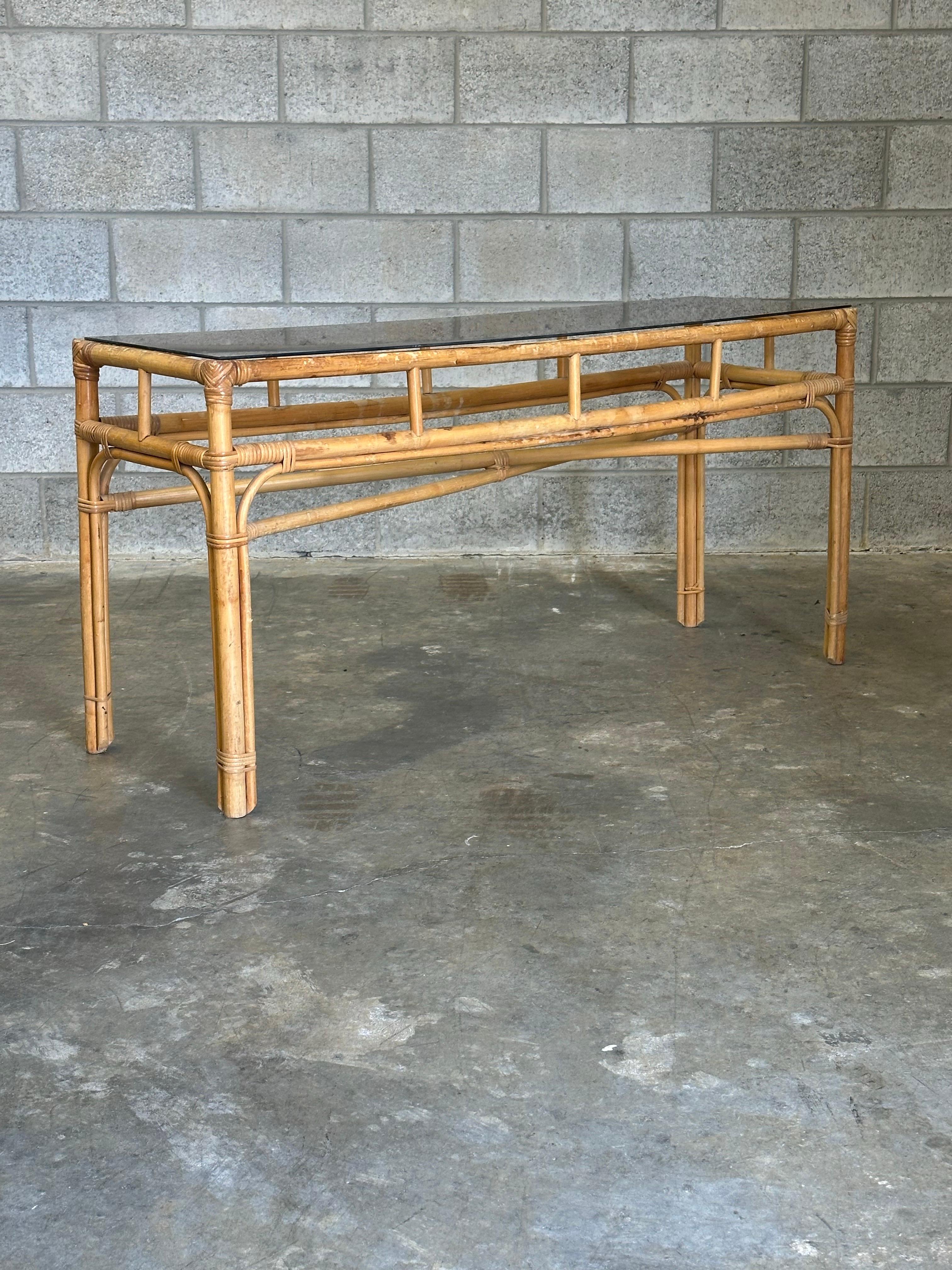 Vintage Coastal Bamboo, Cane, and Glass Top Console Table For Sale 5