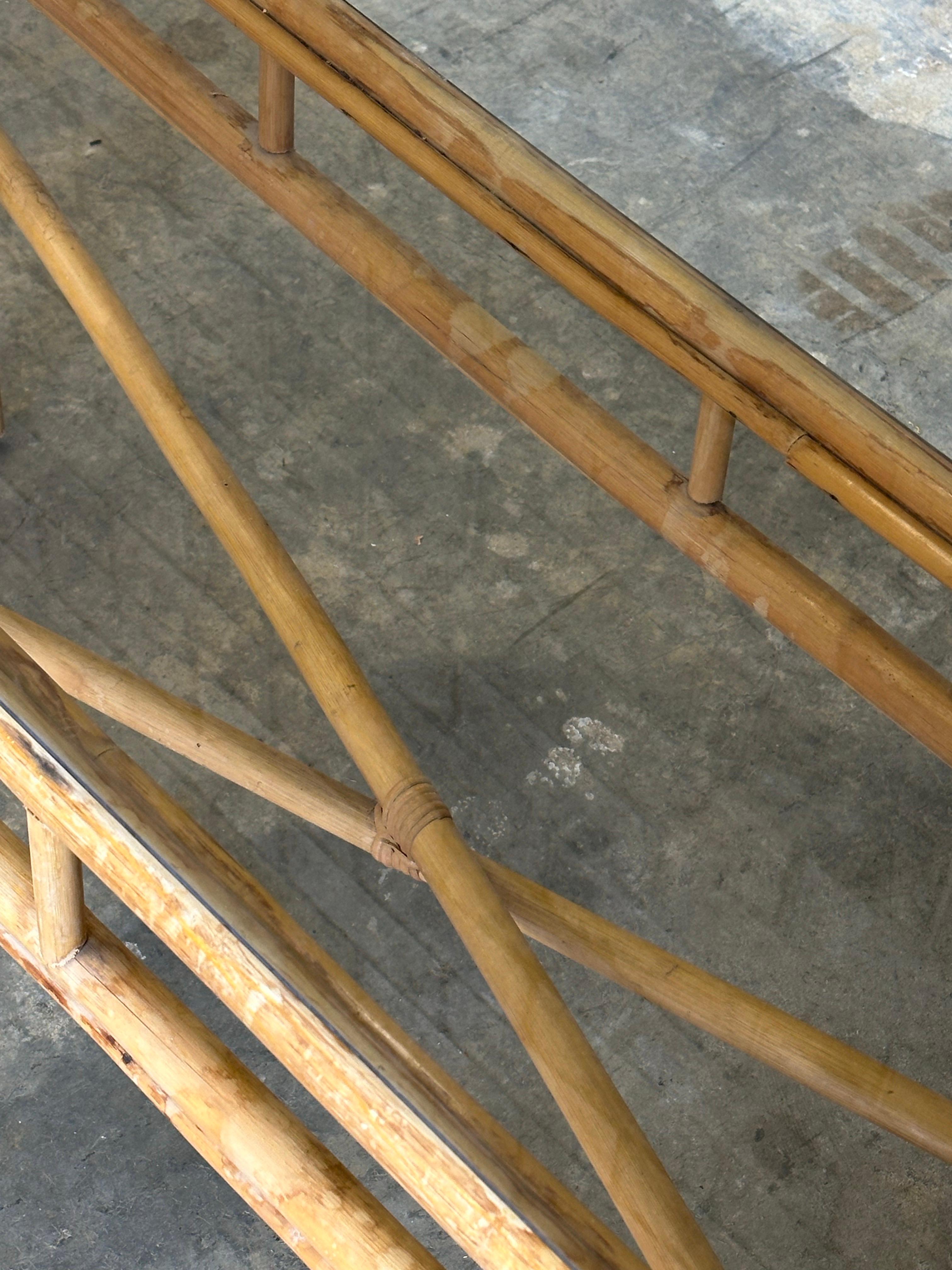 Vintage Coastal Bamboo, Cane, and Glass Top Console Table For Sale 6