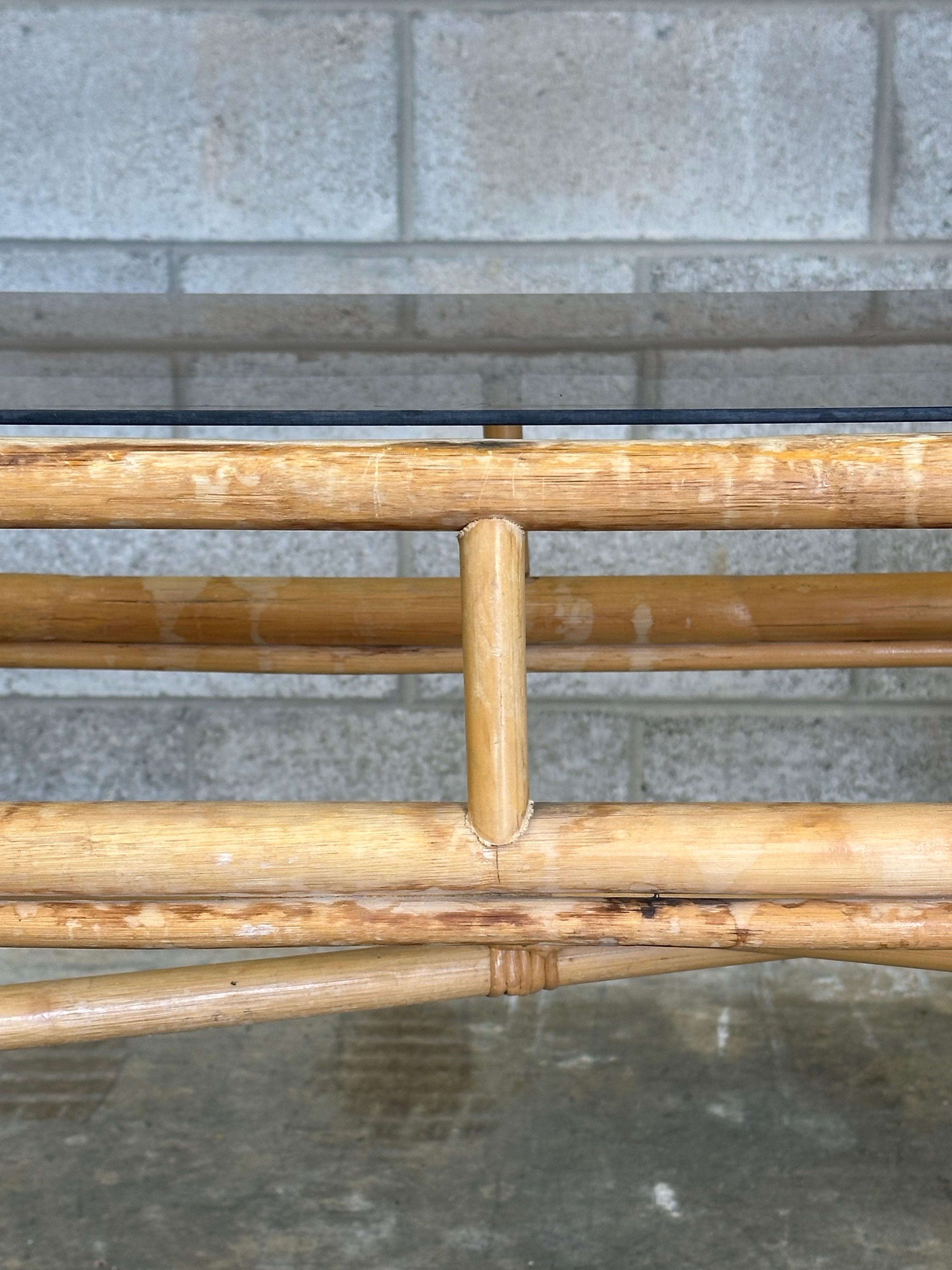 Vintage Coastal Bamboo, Cane, and Glass Top Console Table For Sale 10