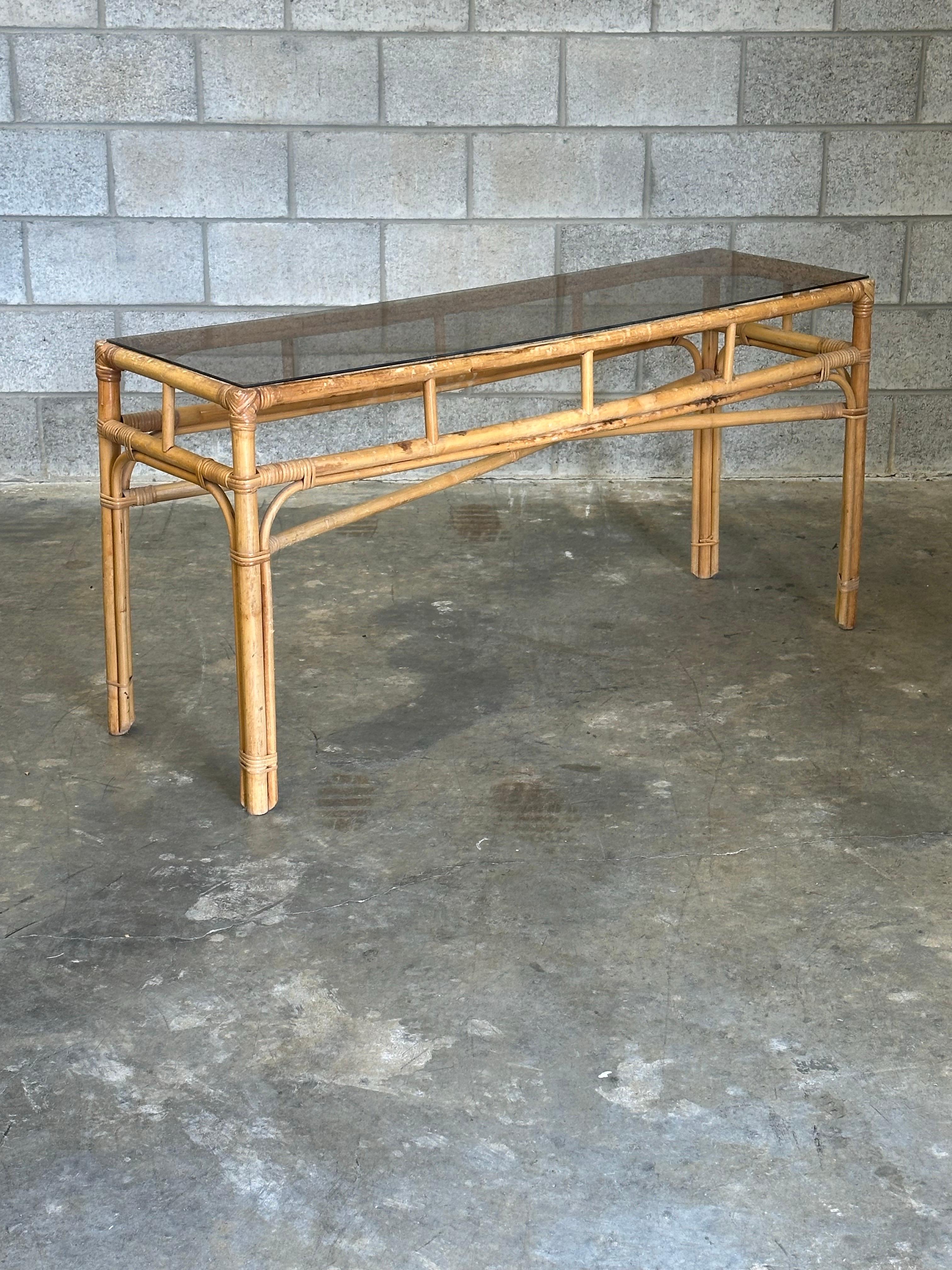 Bohemian Vintage Coastal Bamboo, Cane, and Glass Top Console Table For Sale
