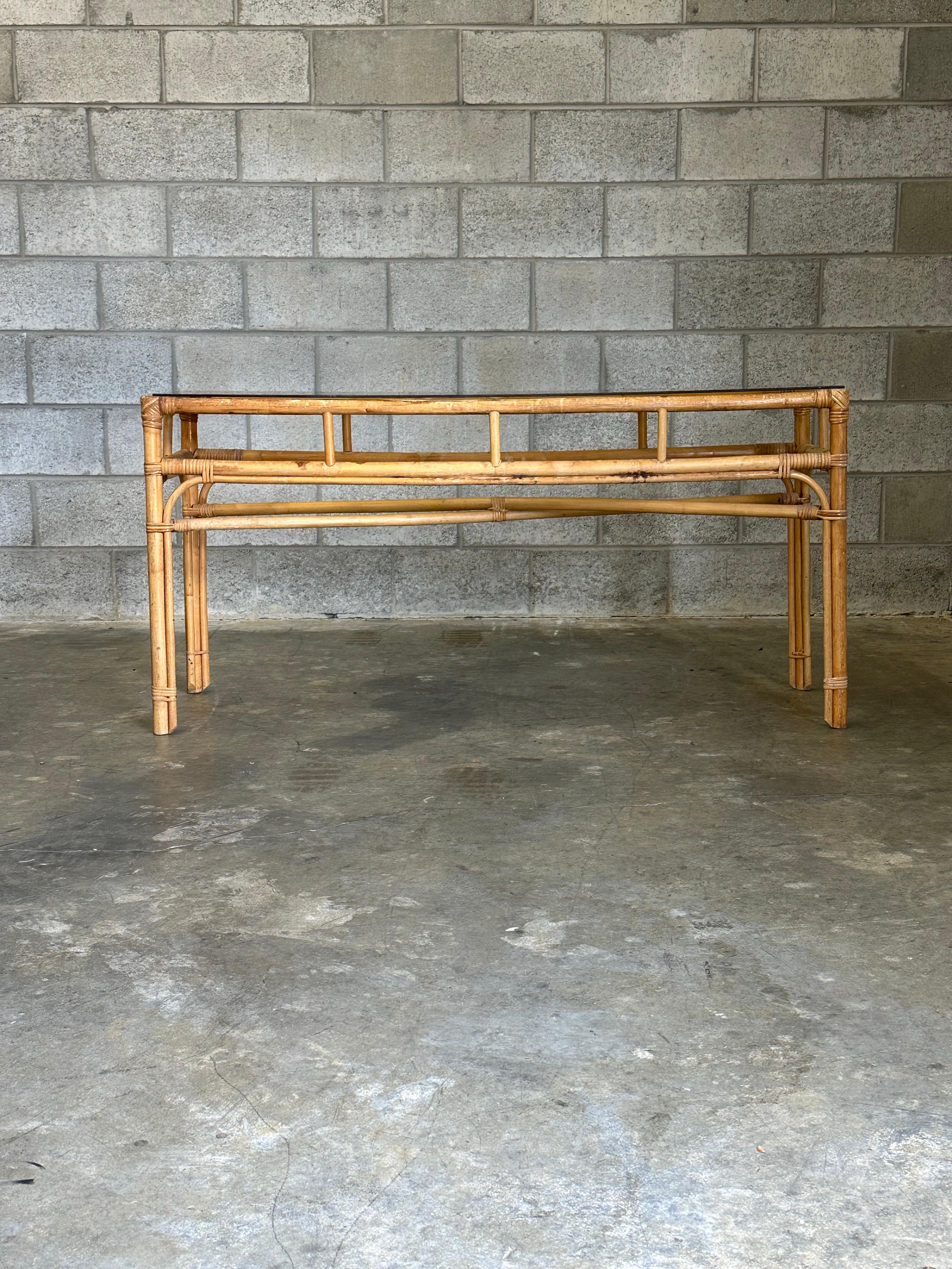 American Vintage Coastal Bamboo, Cane, and Glass Top Console Table For Sale