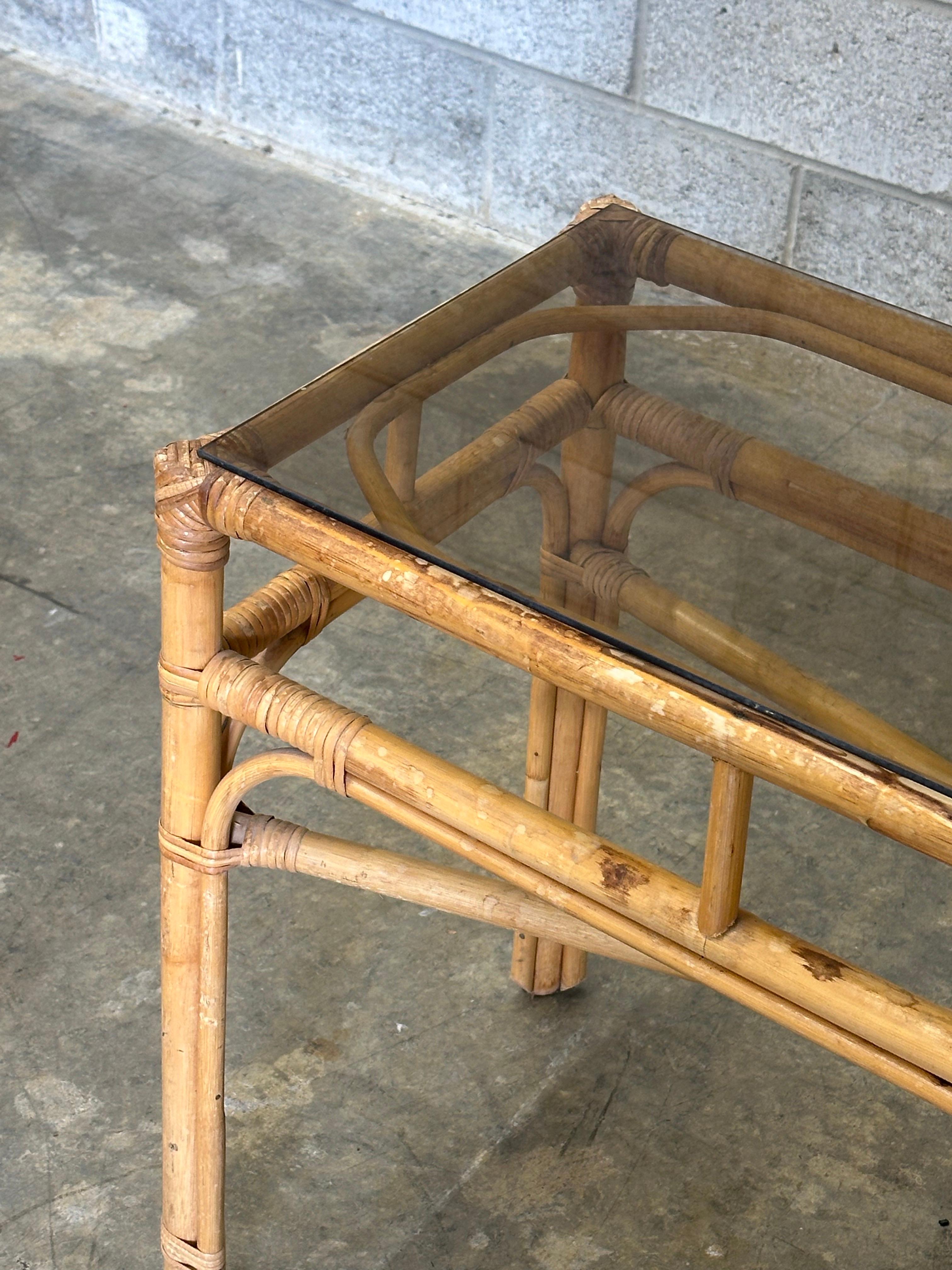 Vintage Coastal Bamboo, Cane, and Glass Top Console Table In Good Condition For Sale In St.Petersburg, FL