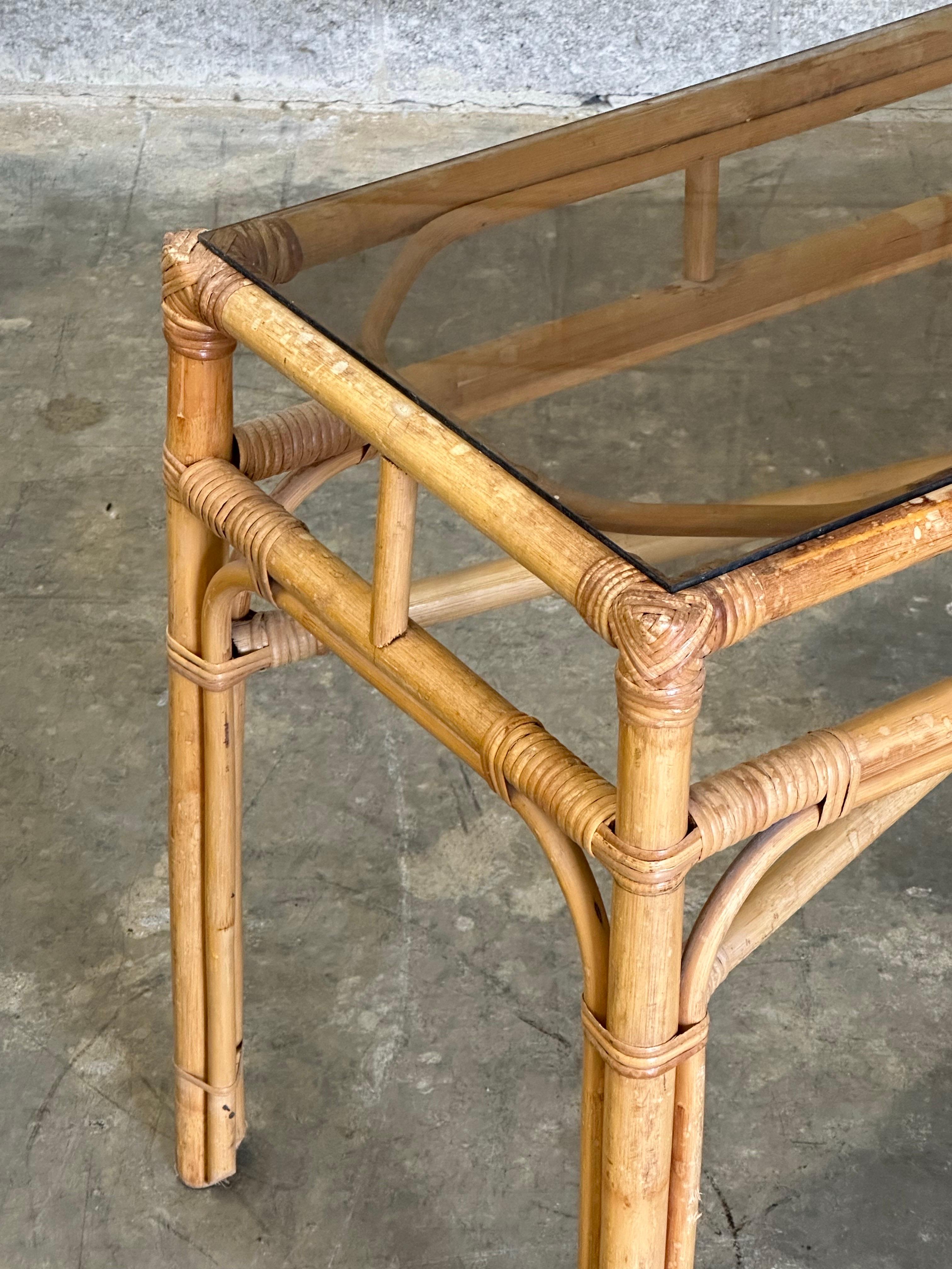 Late 20th Century Vintage Coastal Bamboo, Cane, and Glass Top Console Table For Sale