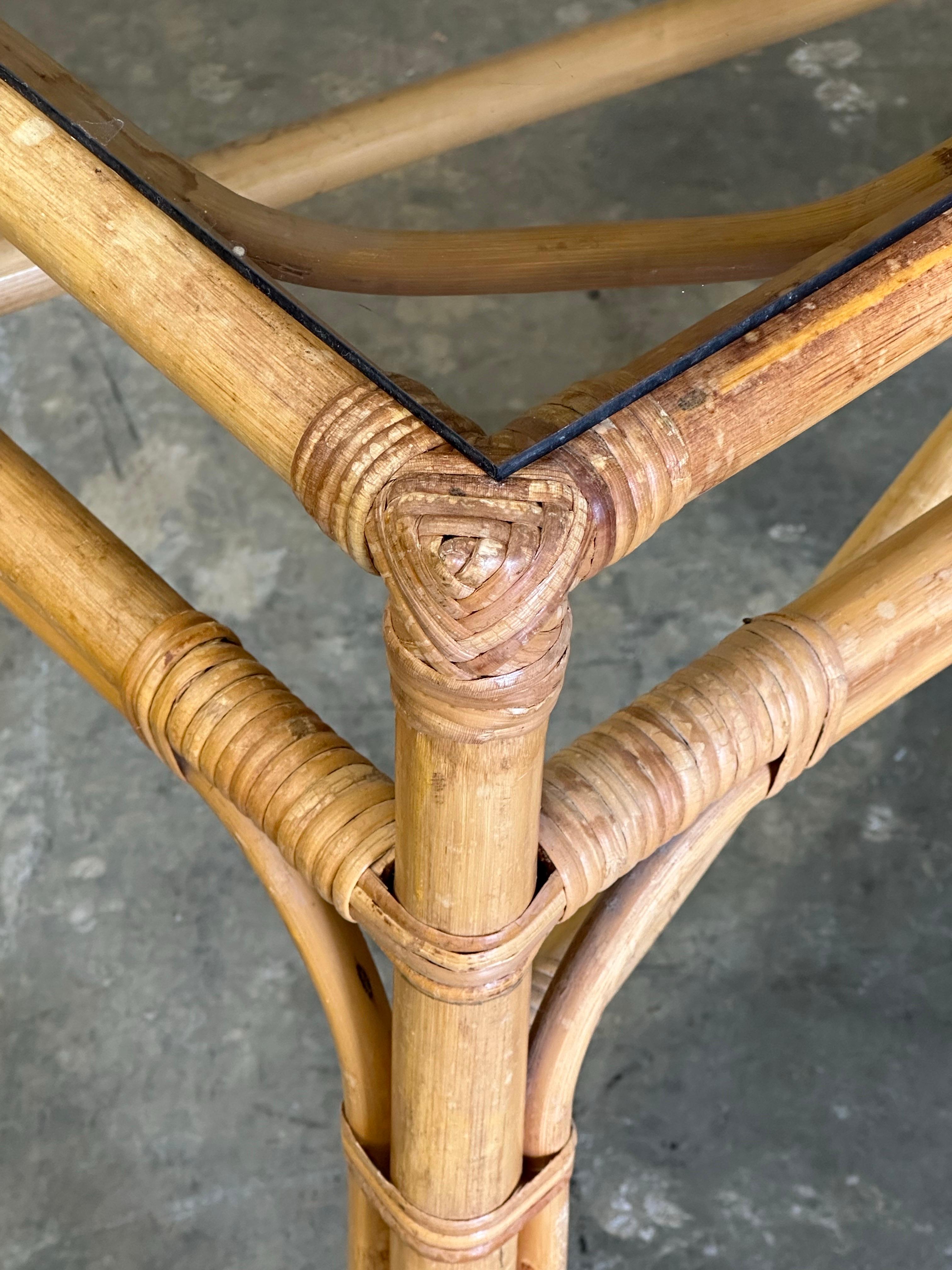 Vintage Coastal Bamboo, Cane, and Glass Top Console Table For Sale 1
