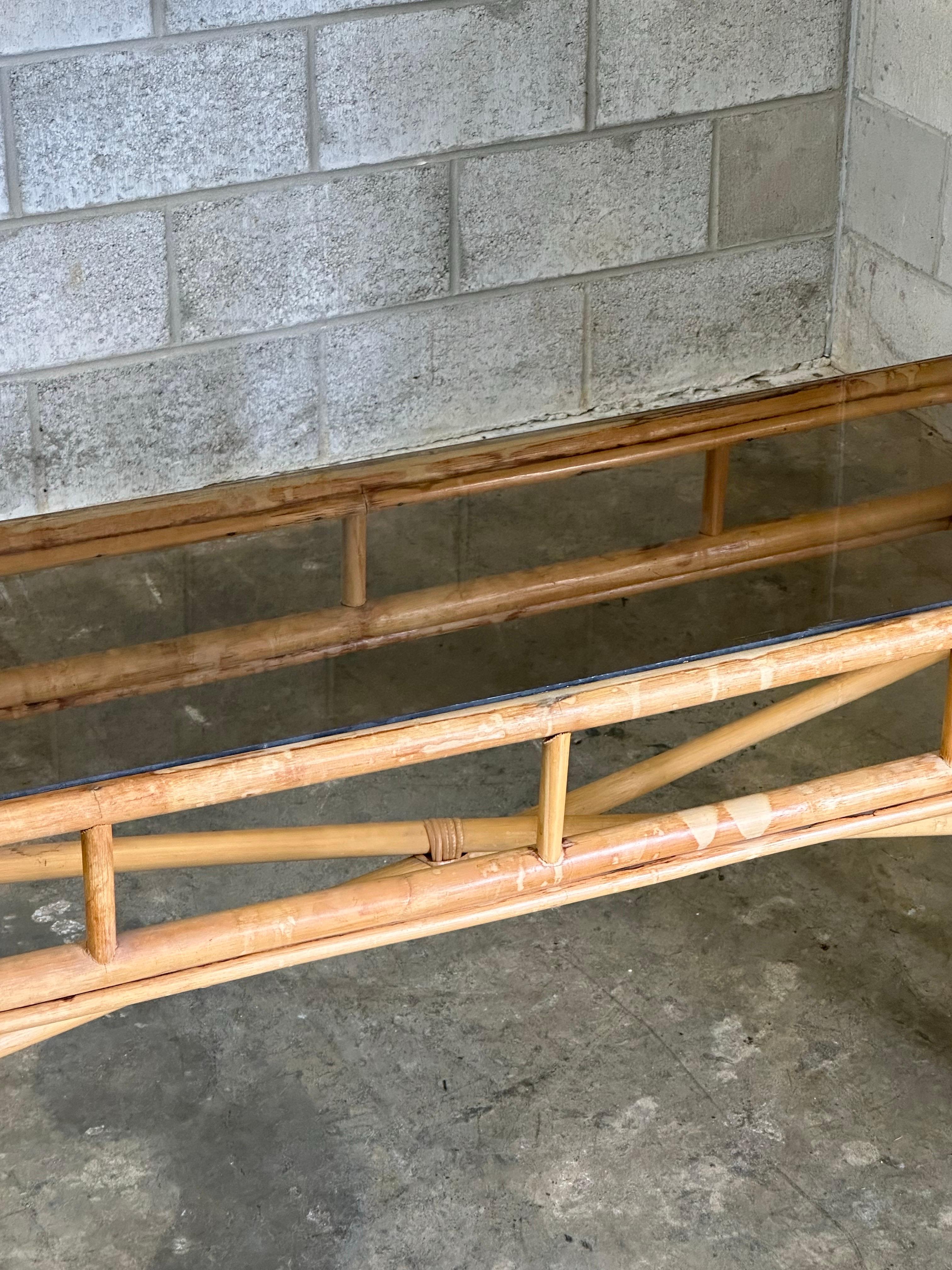 Vintage Coastal Bamboo, Cane, and Glass Top Console Table For Sale 2