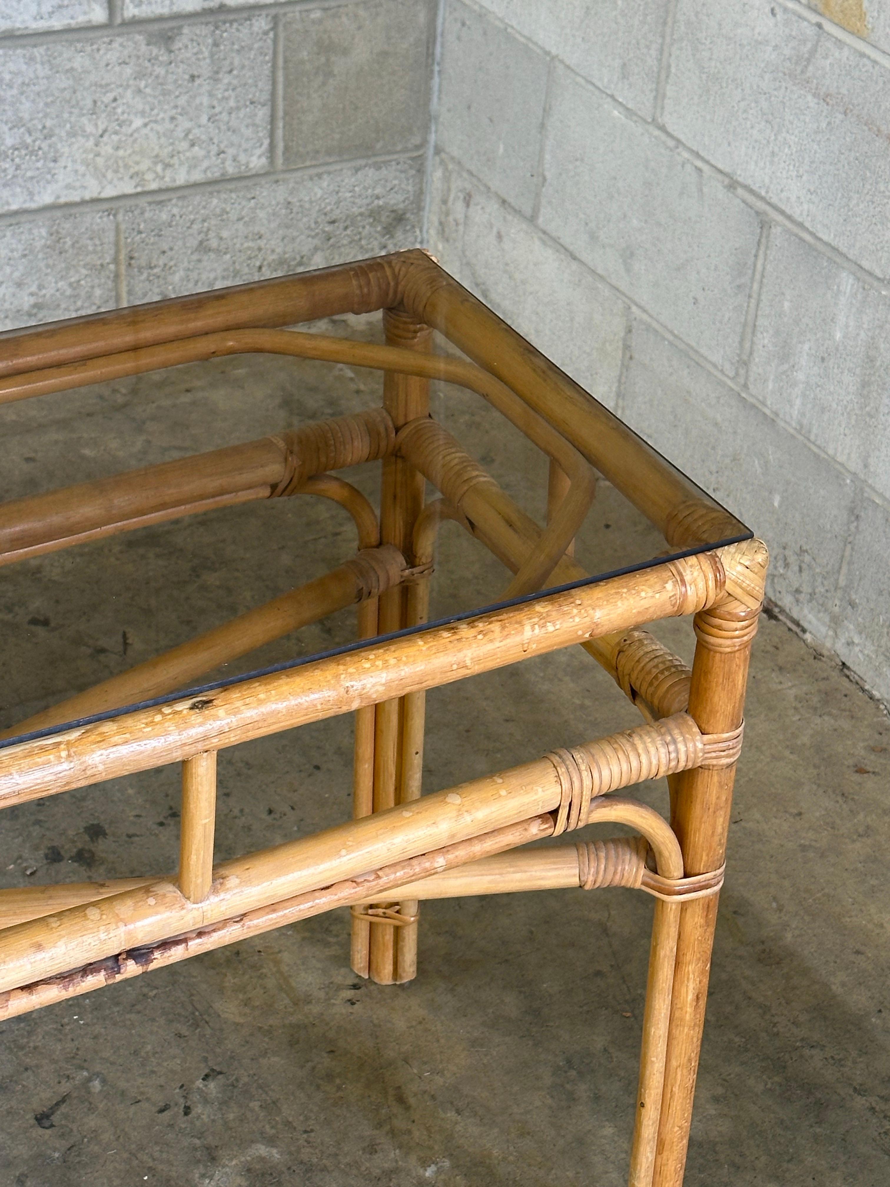 Vintage Coastal Bamboo, Cane, and Glass Top Console Table For Sale 3