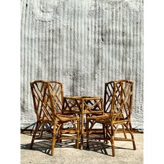 Vintage Coastal Bamboo Chinese Chippendale Dining Table Pedestal