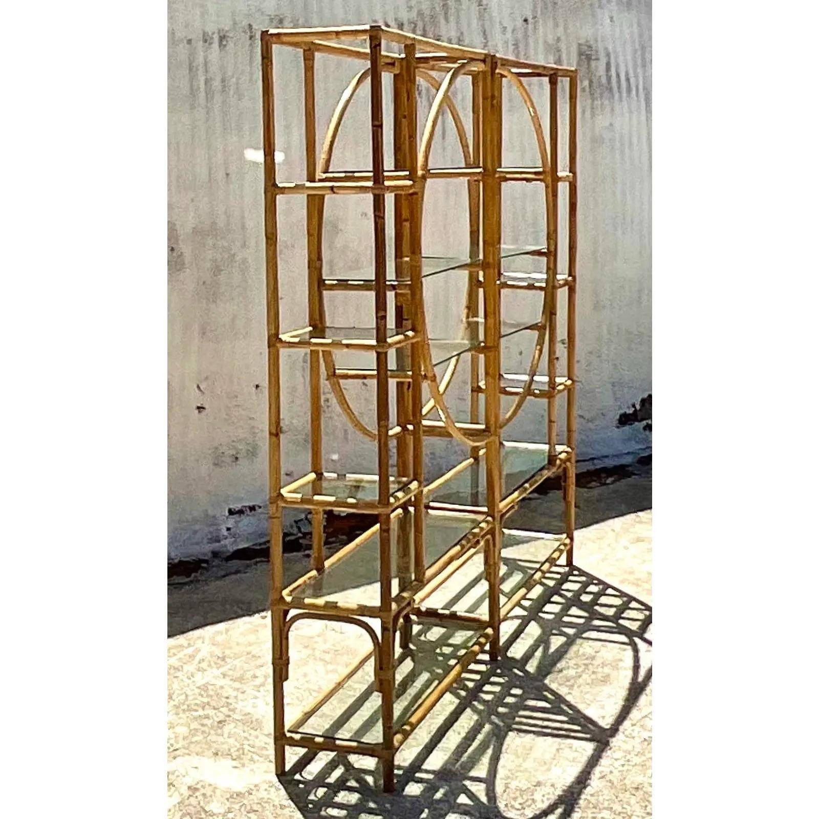 Vintage Coastal Bamboo Circle Etagere, a Pair In Good Condition In west palm beach, FL