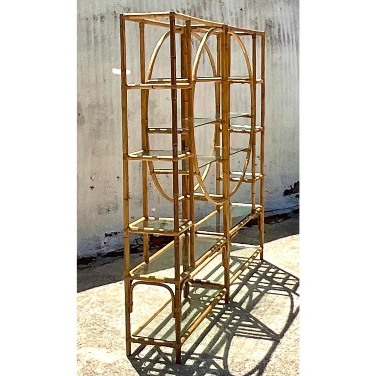 Vintage Coastal Bamboo Circle Etagere, a Pair In Good Condition For Sale In west palm beach, FL