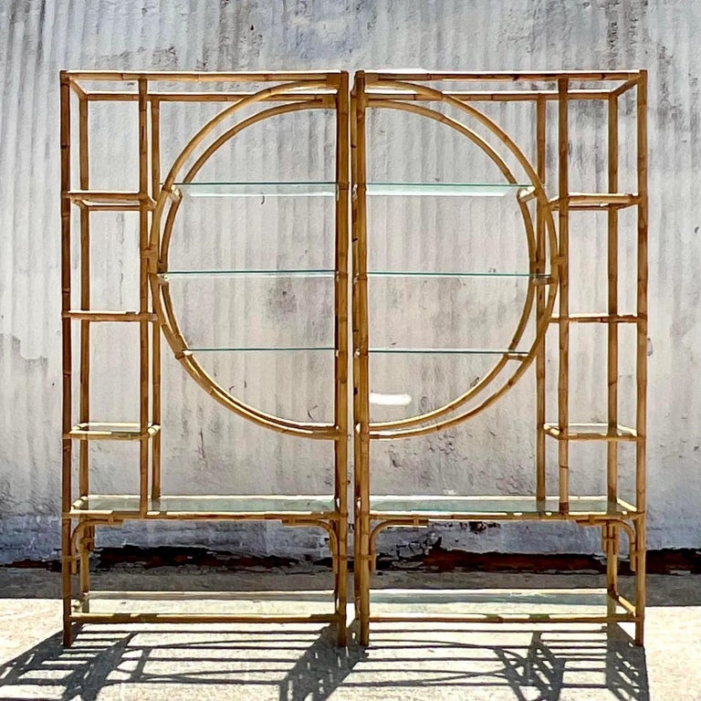 20th Century Vintage Coastal Bamboo Circle Etagere, a Pair For Sale