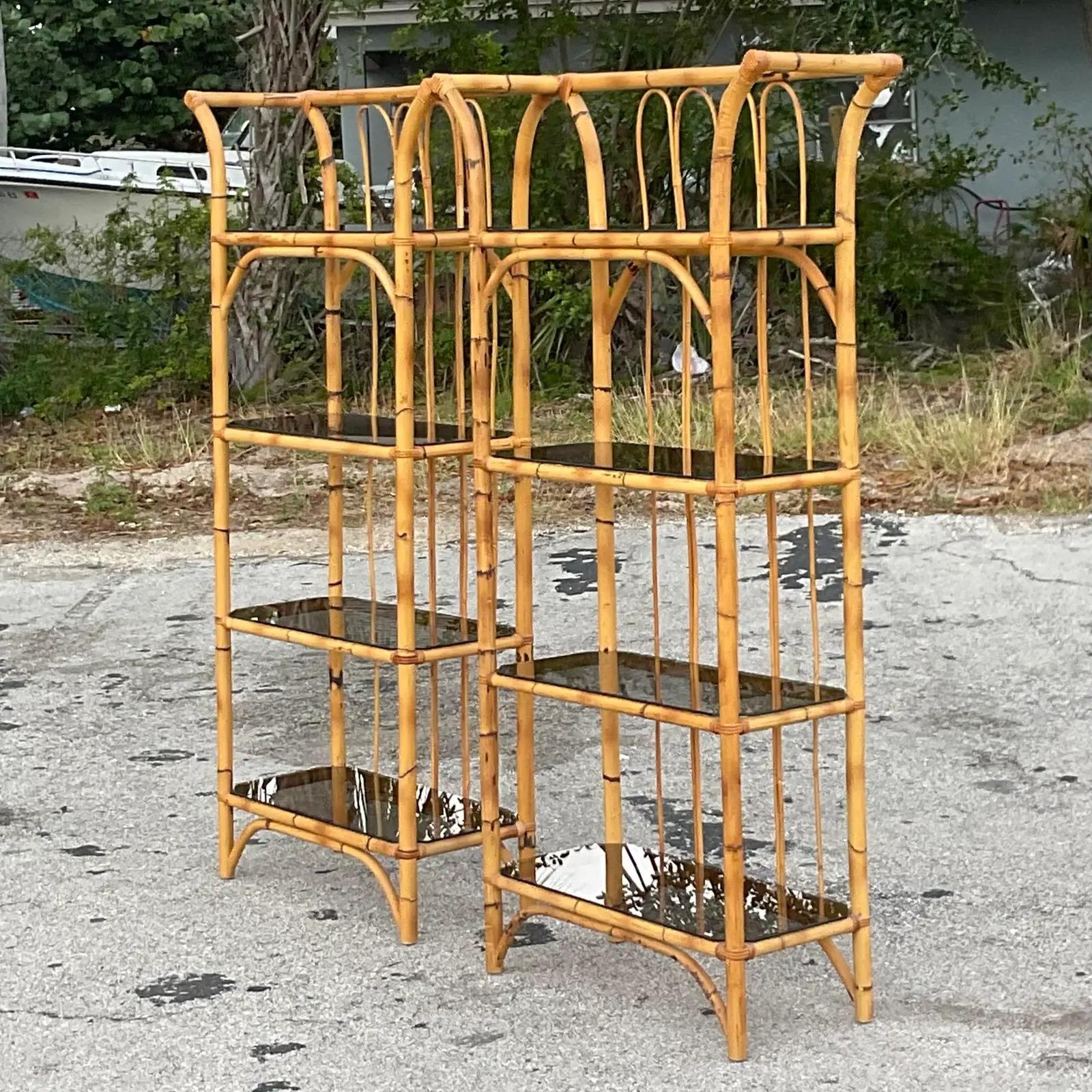 Vintage Coastal Bamboo Etagere, a Pair In Good Condition In west palm beach, FL