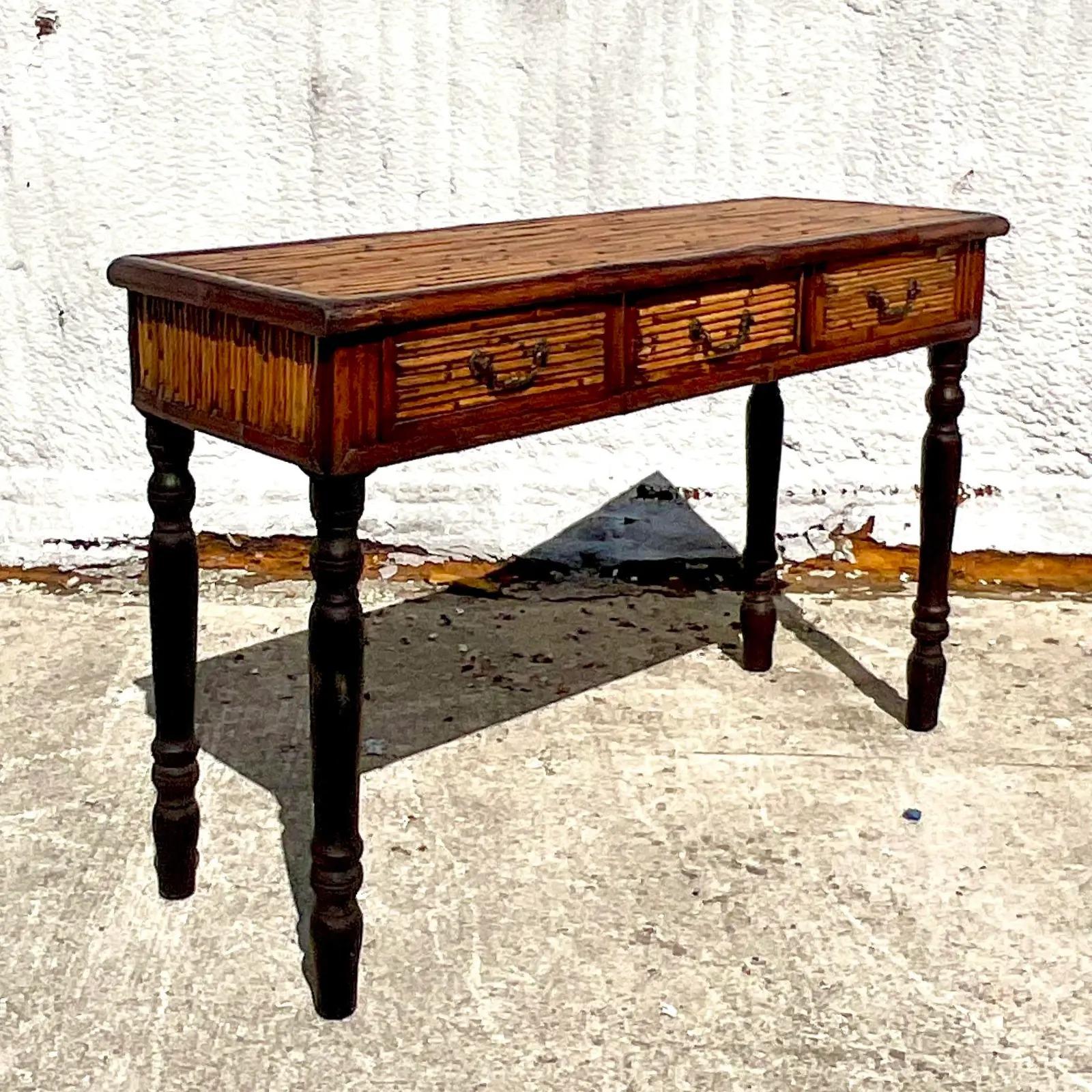 Philippine Vintage Coastal Bamboo Farmhouse Console Table