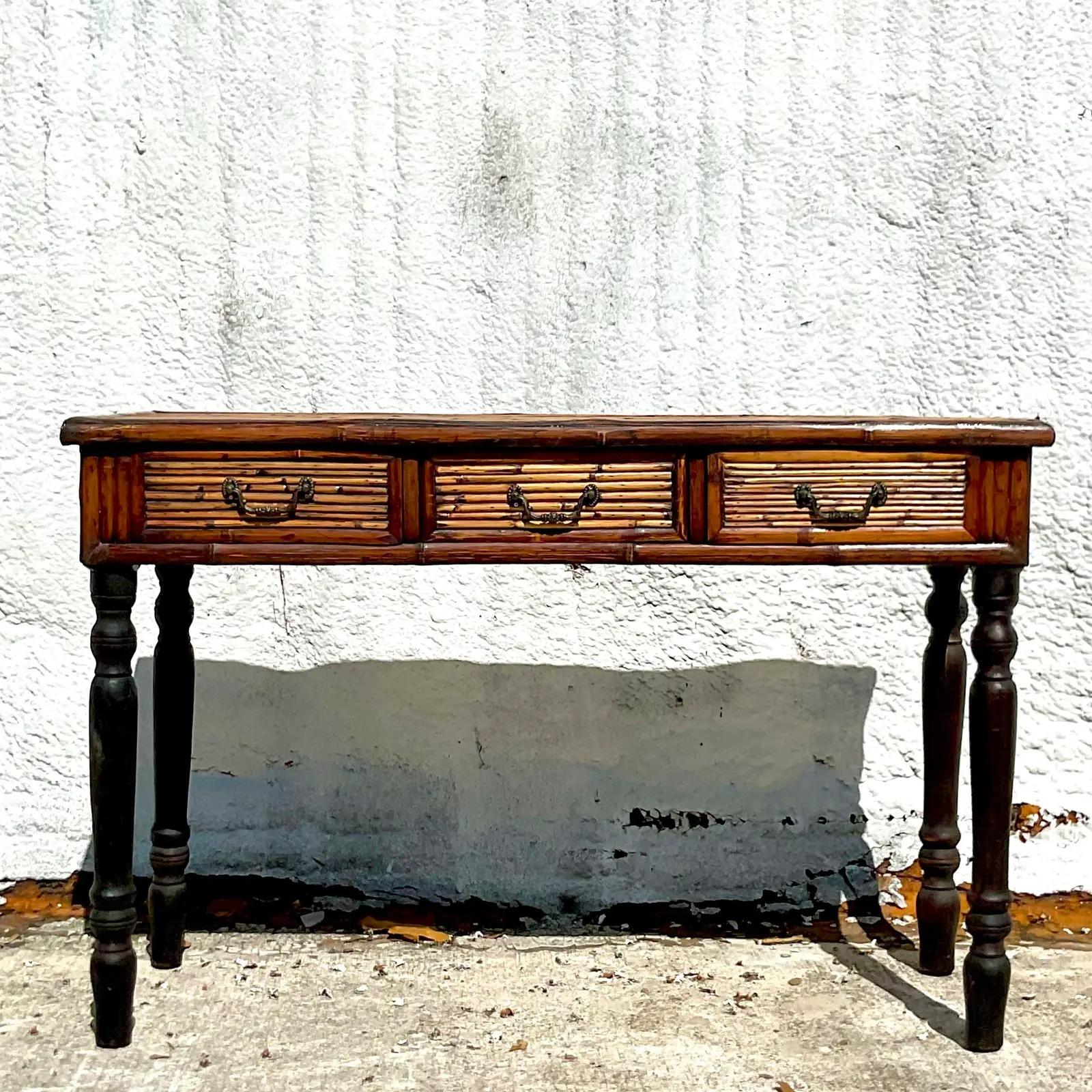 Vintage Coastal Bamboo Farmhouse Console Table In Good Condition In West Palm Beach, FL